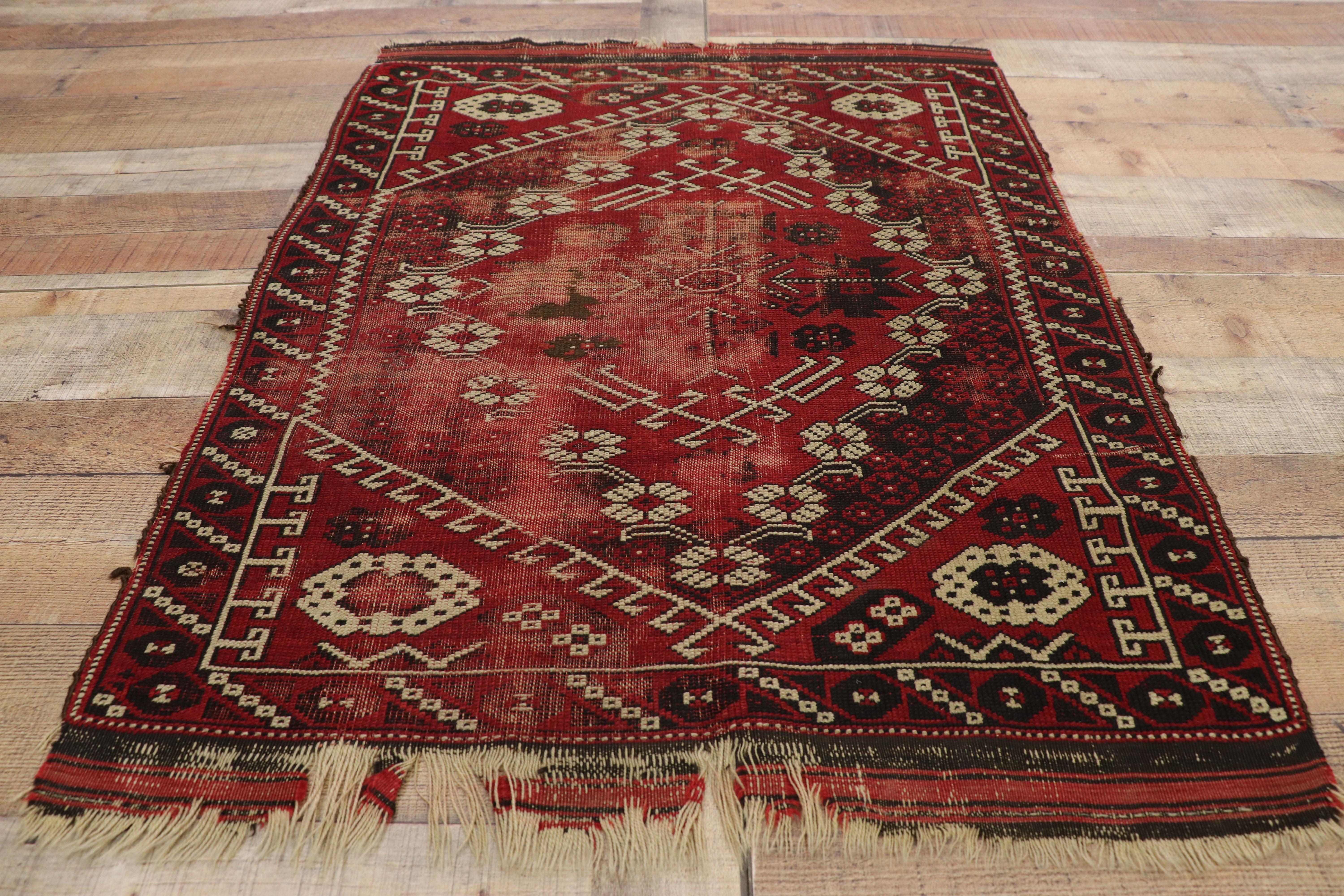 Distressed Antique Afghani Rug with with Adirondack Lodge Style For Sale 1