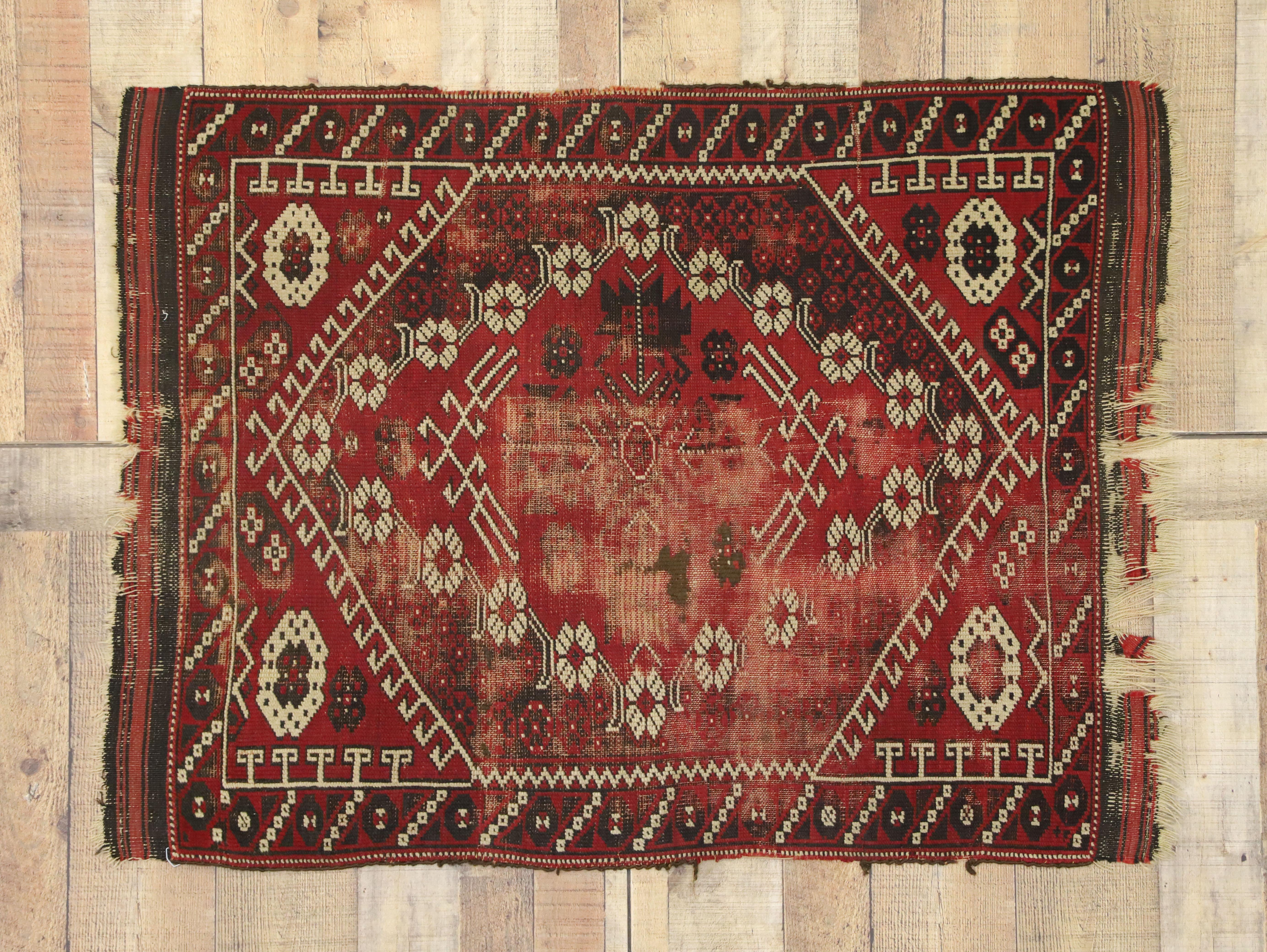 Distressed Antique Afghani Rug with with Adirondack Lodge Style For Sale 2