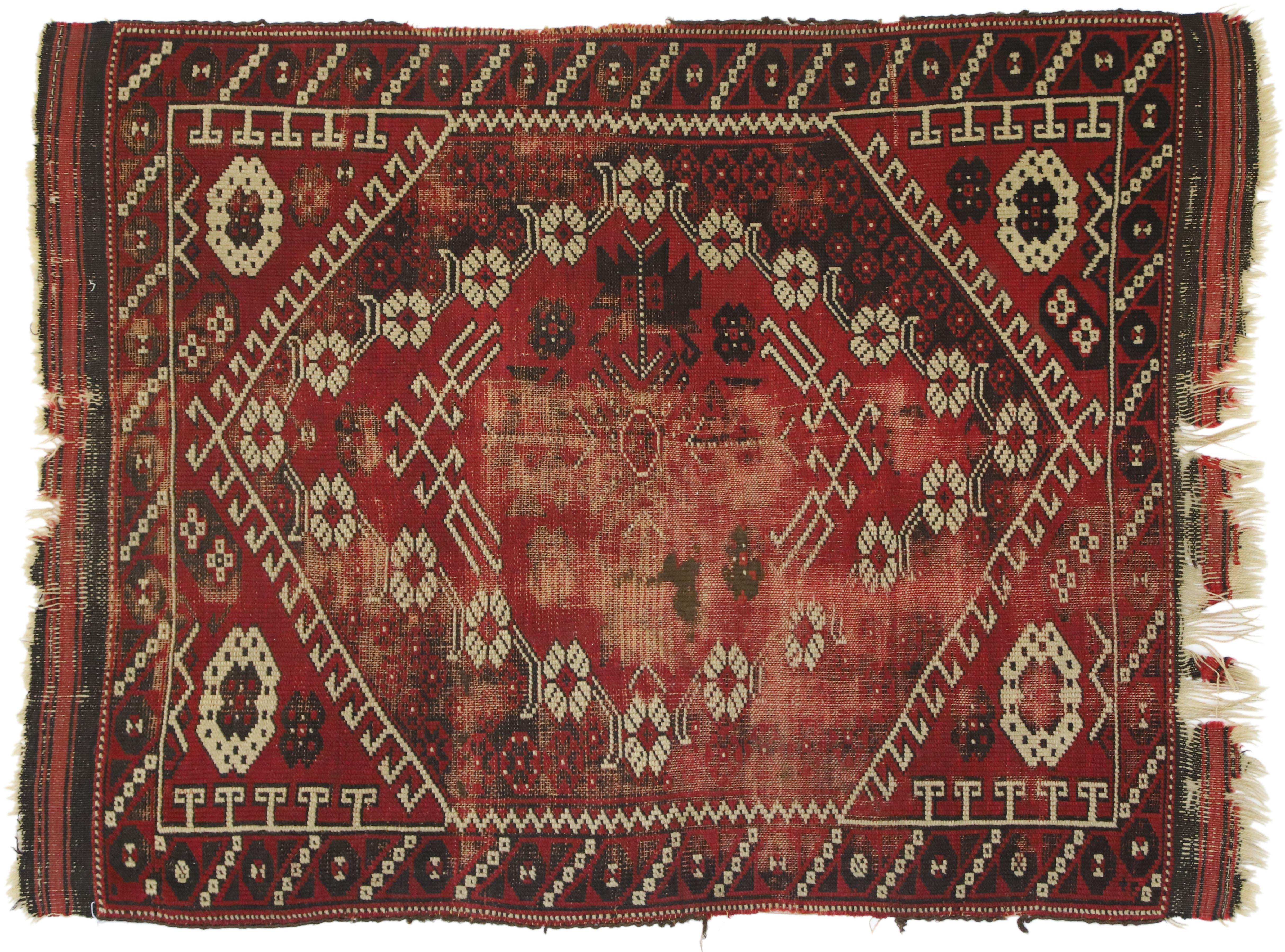 Distressed Antique Afghani Rug with with Adirondack Lodge Style For Sale 3