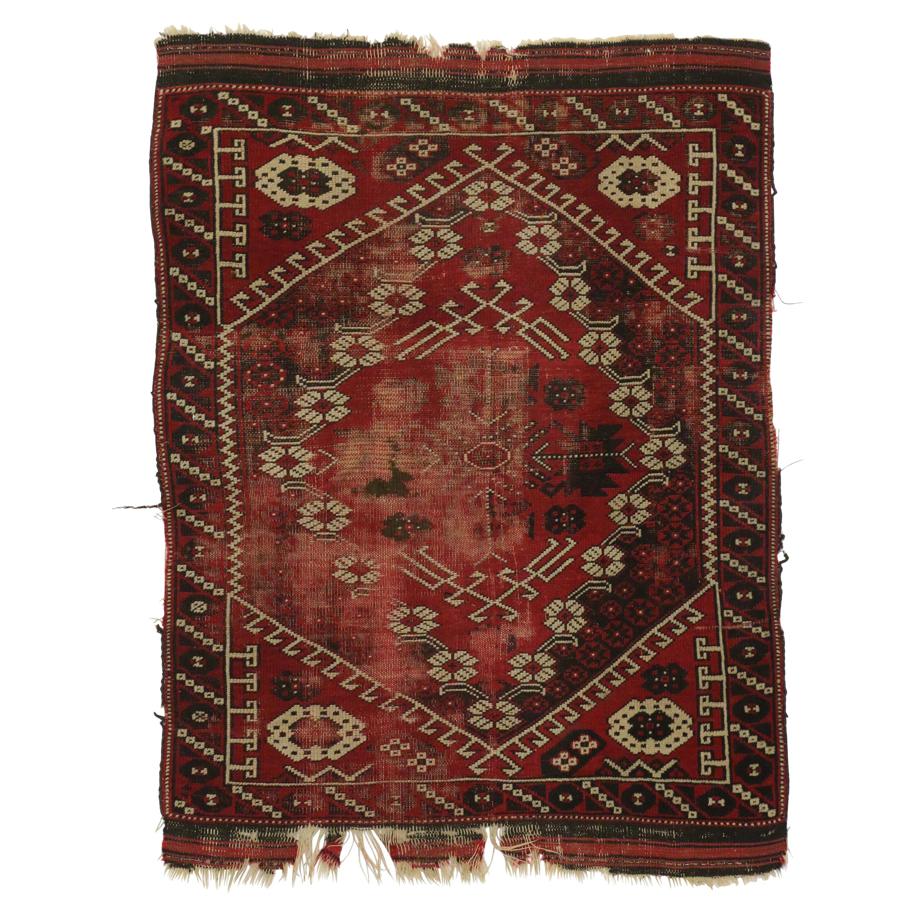 Distressed Antique Afghani Rug with with Adirondack Lodge Style For Sale