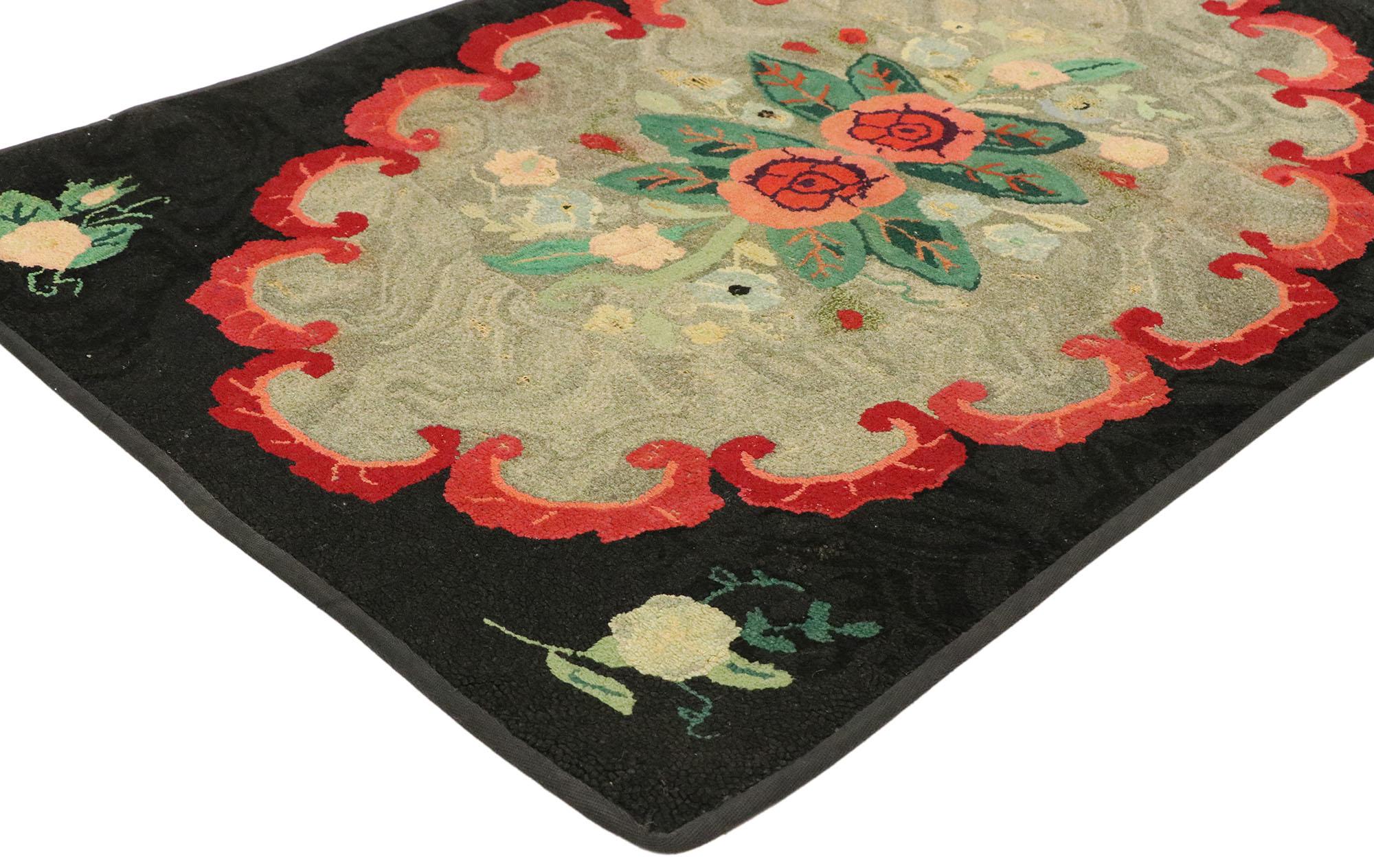 74357, distressed antique American hooked floral rug with Cozy cottage colonial style. With its Folk Art vibes and cozy cottage Colonial style, this antique American hooked rug charms with ease. The antique hooked rug features an abrashed gray field