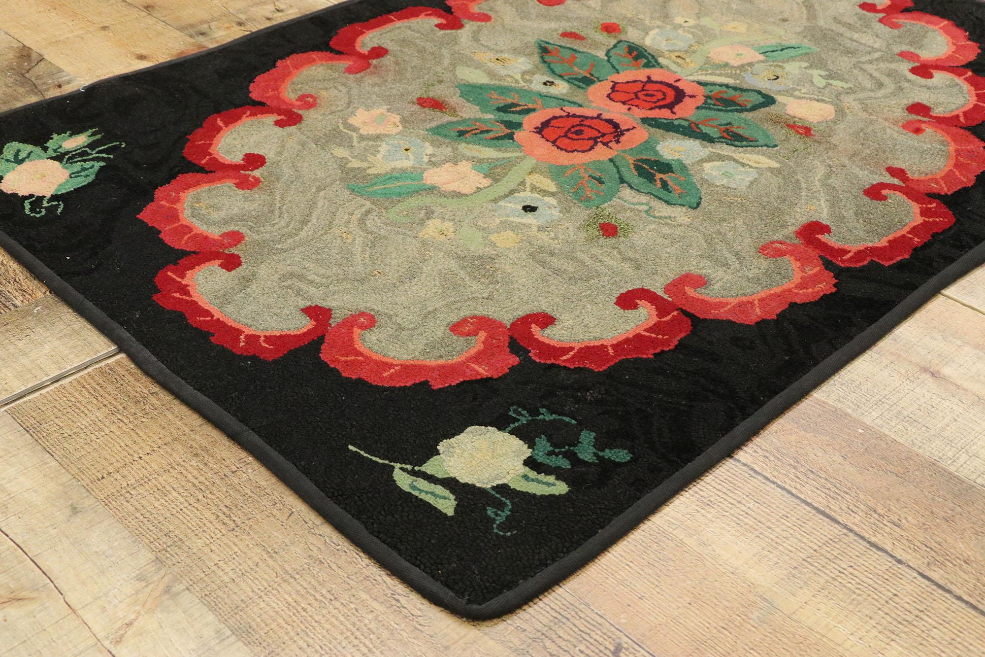 American Colonial Distressed Antique American Hooked Floral Rug with Cozy Cottage Colonial Style