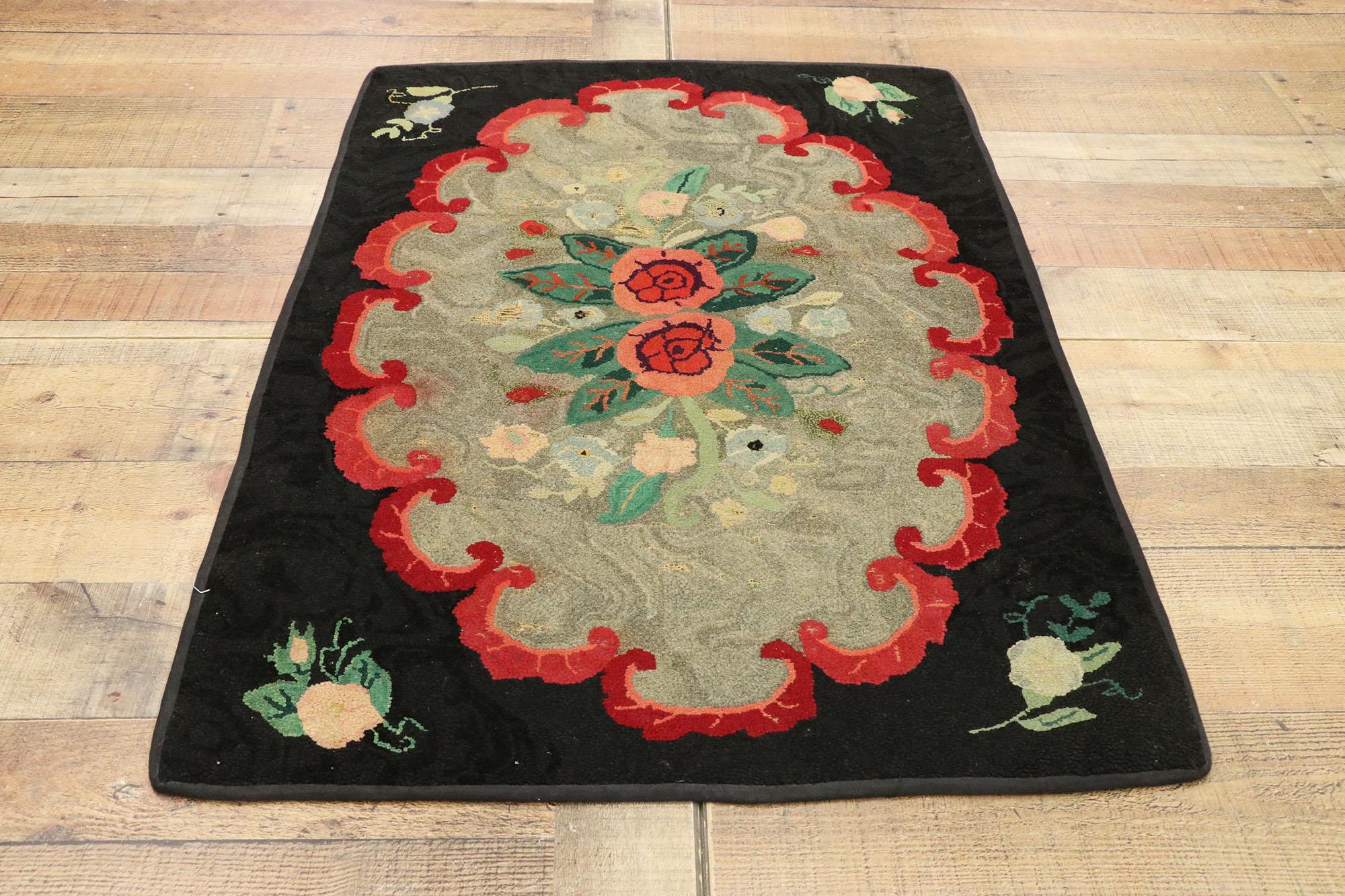 Hand-Knotted Distressed Antique American Hooked Floral Rug with Cozy Cottage Colonial Style For Sale