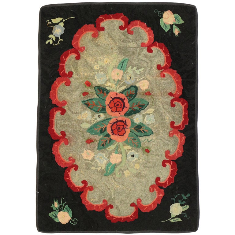 Distressed Antique American Hooked Floral Rug with Cozy Cottage