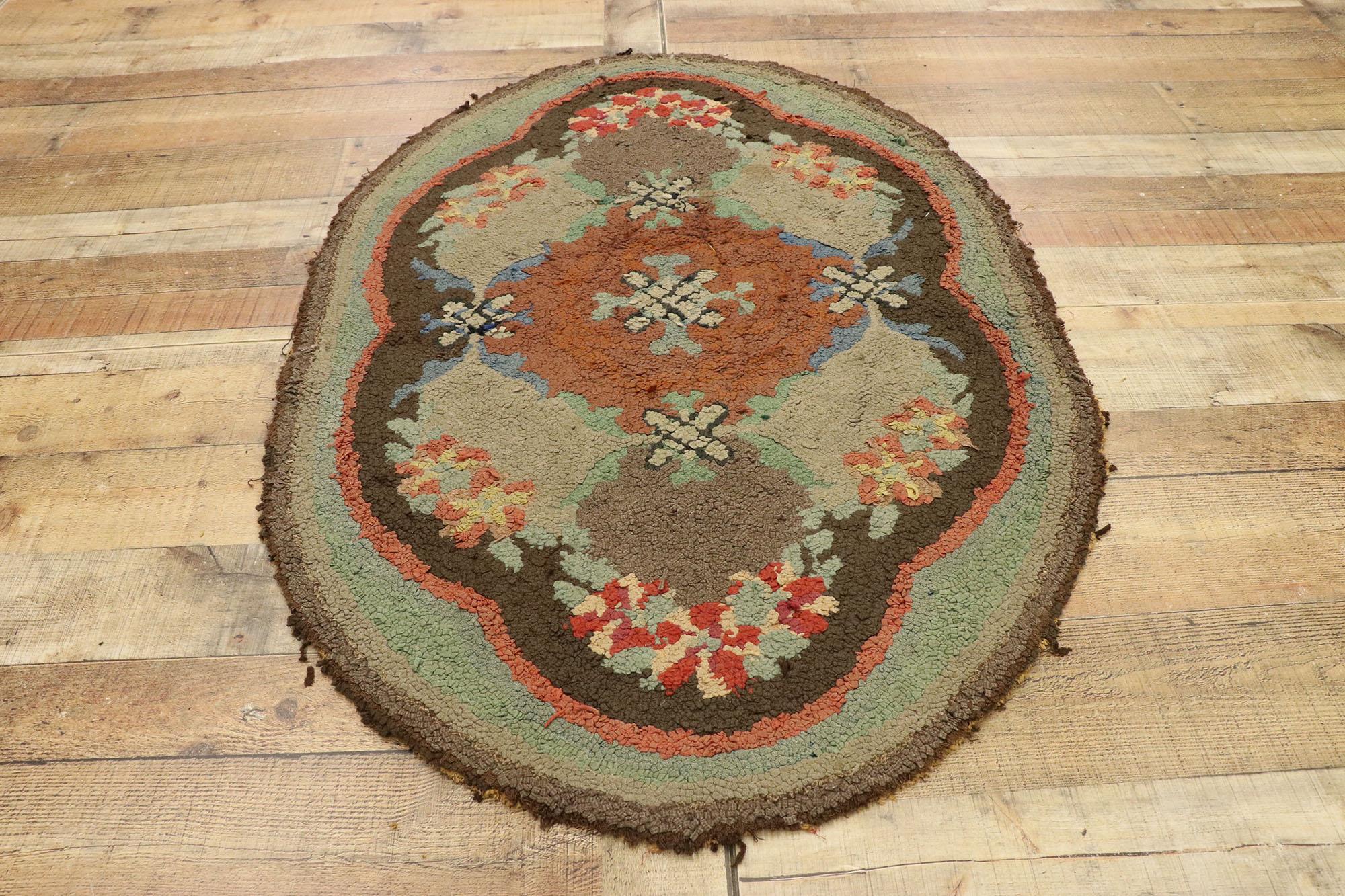 Hand-Knotted Distressed Antique American Hooked Oval Rug with American Colonial Style For Sale