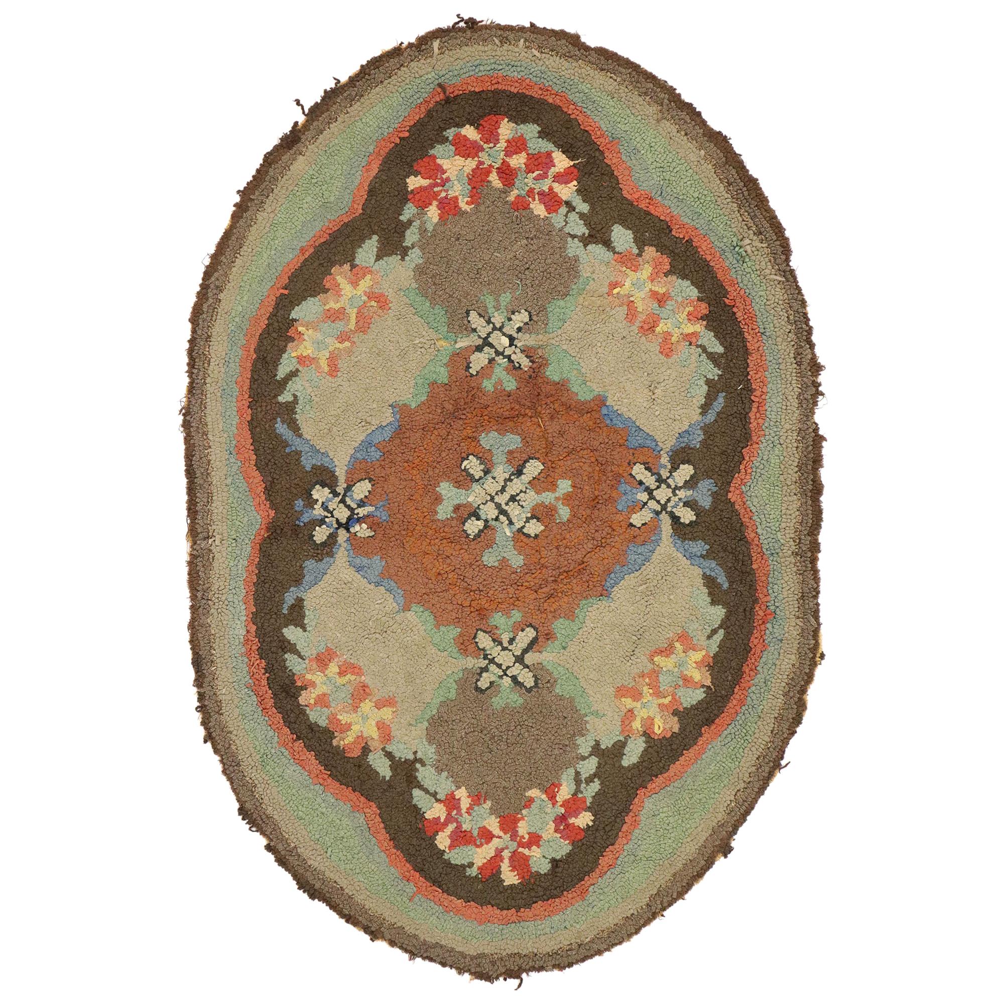 Distressed Antique American Hooked Oval Rug with American Colonial Style