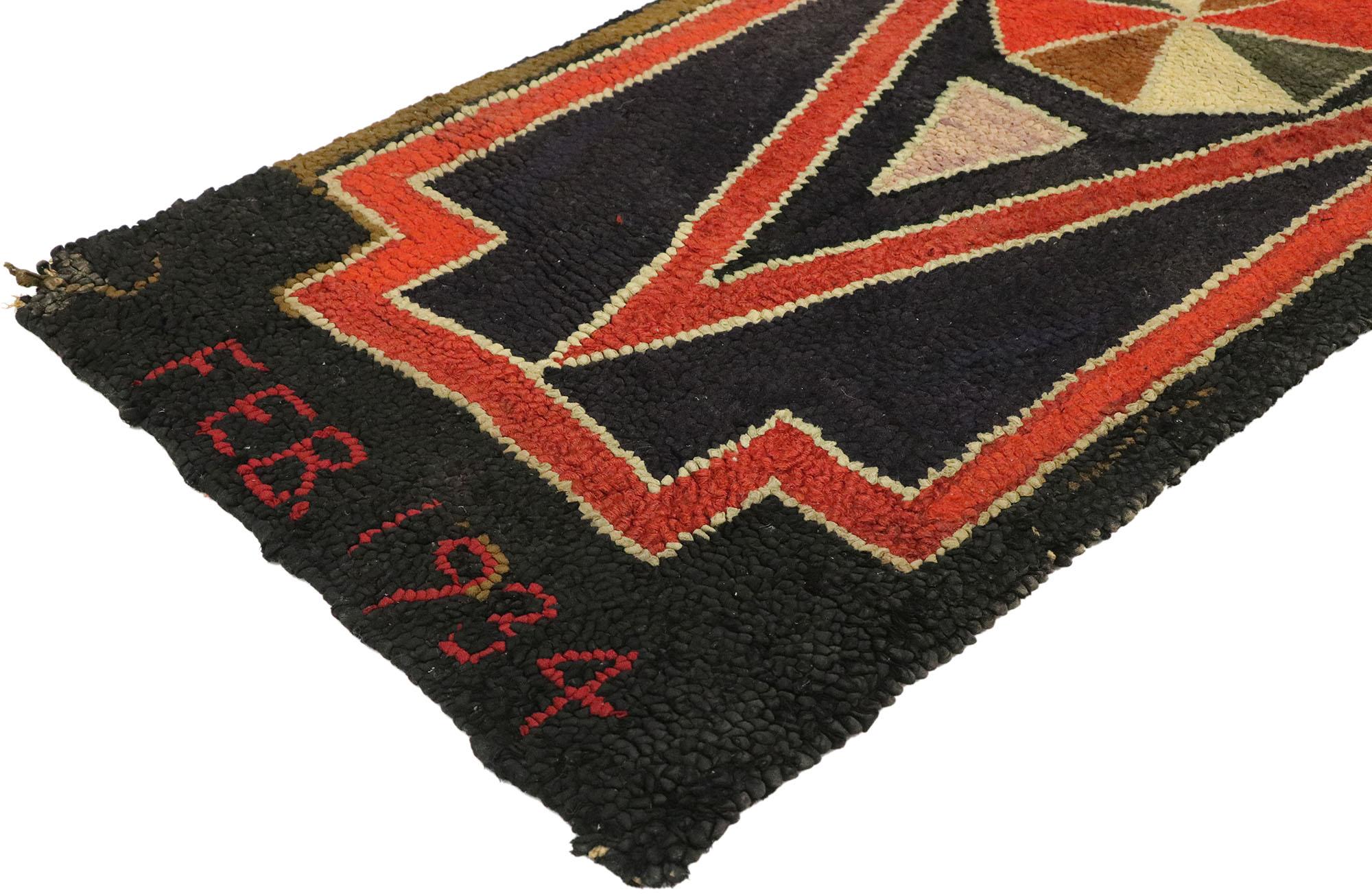 77502, distressed antique American Hooked rug with Midcentury Folk Art style. With its bold expressive design and lovingly time-worn composition, this distressed antique hooked rug is a captivating vision of woven beauty. The weathered field