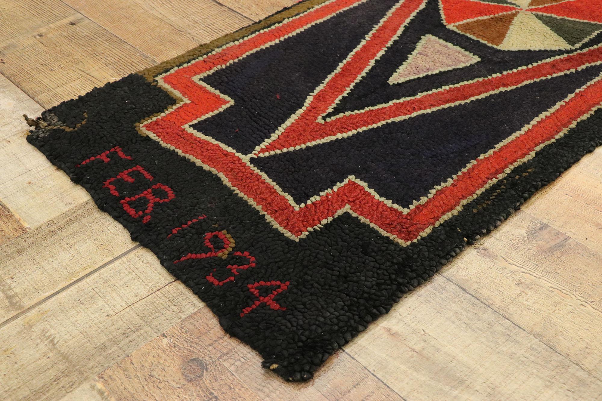 Hand-Knotted Distressed Antique American Hooked Rug with Midcentury Folk Art Style For Sale