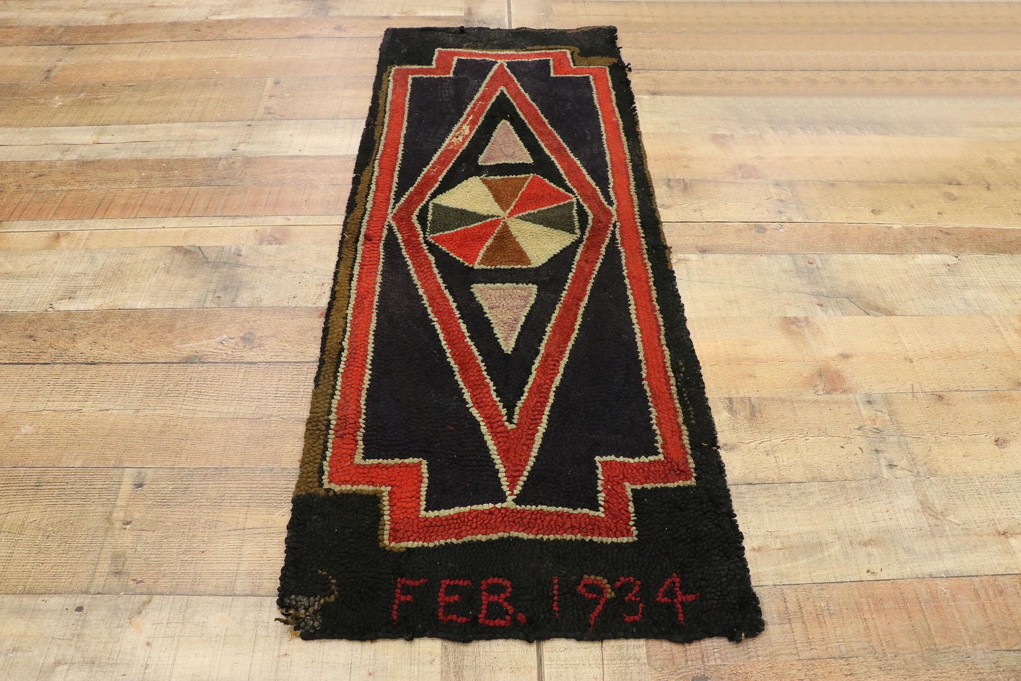 Distressed Antique American Hooked Rug with Midcentury Folk Art Style In Distressed Condition For Sale In Dallas, TX