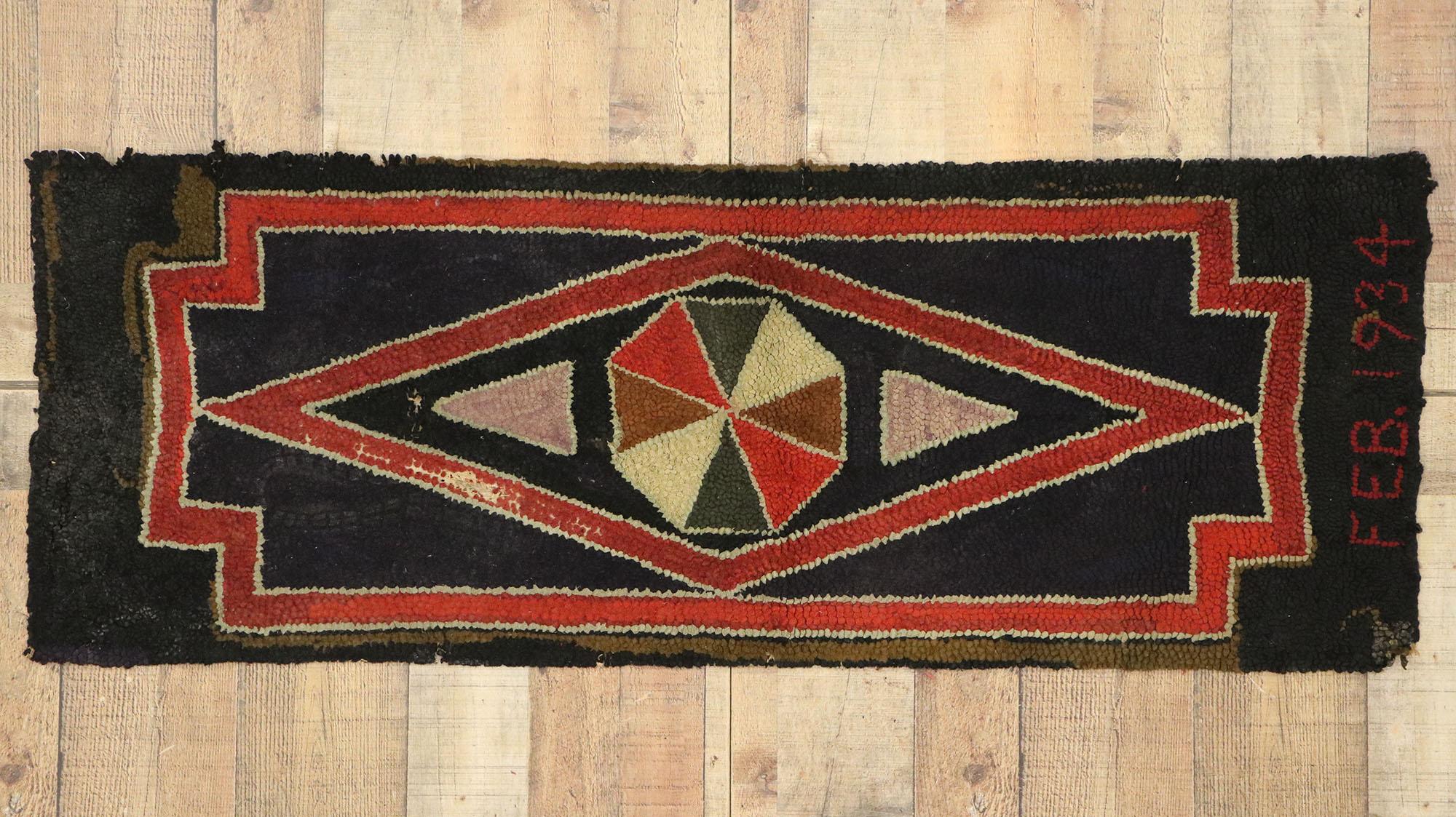 20th Century Distressed Antique American Hooked Rug with Midcentury Folk Art Style For Sale