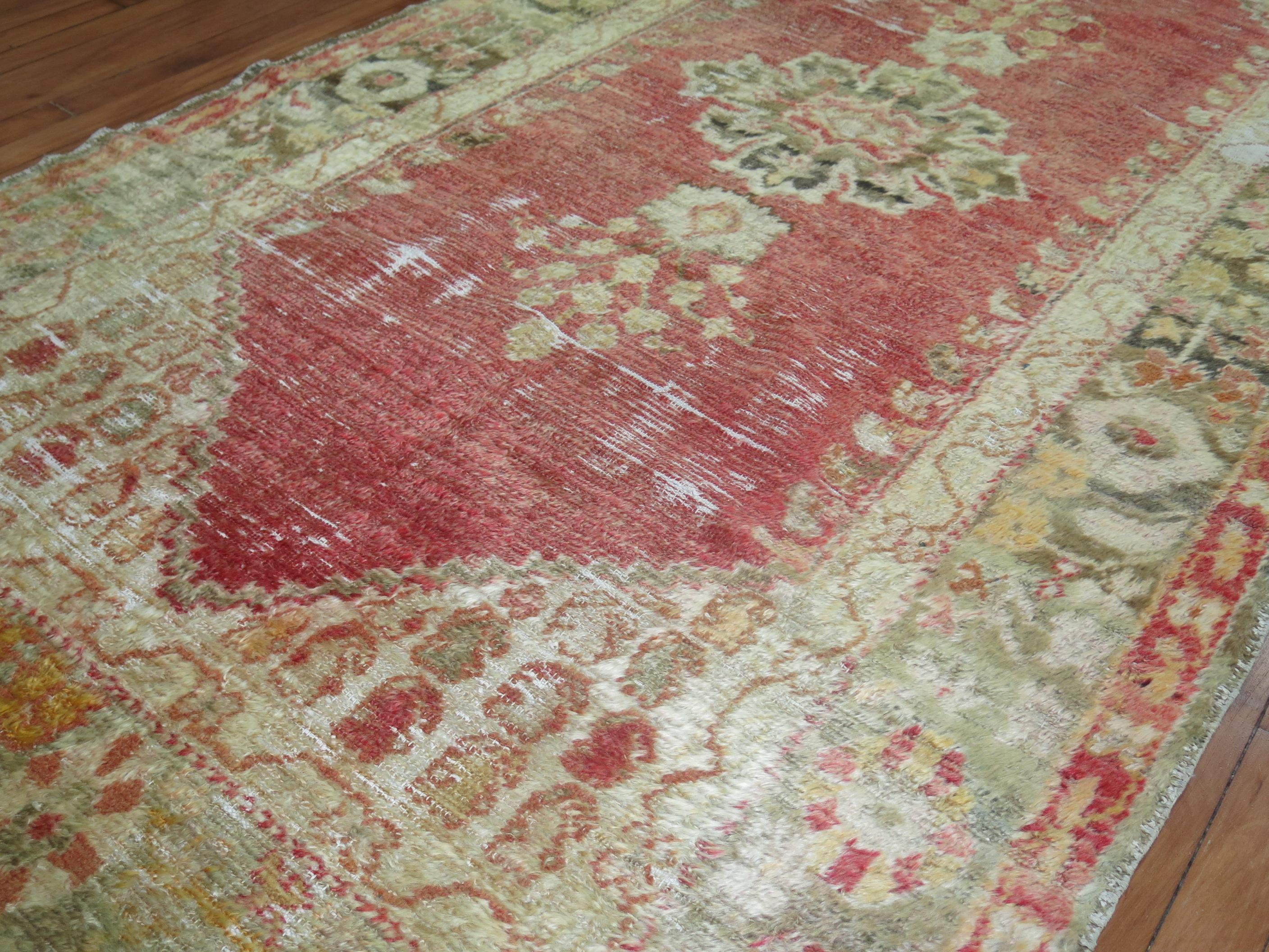 Hand-Woven Distressed Antique Angora Oushak Rug For Sale