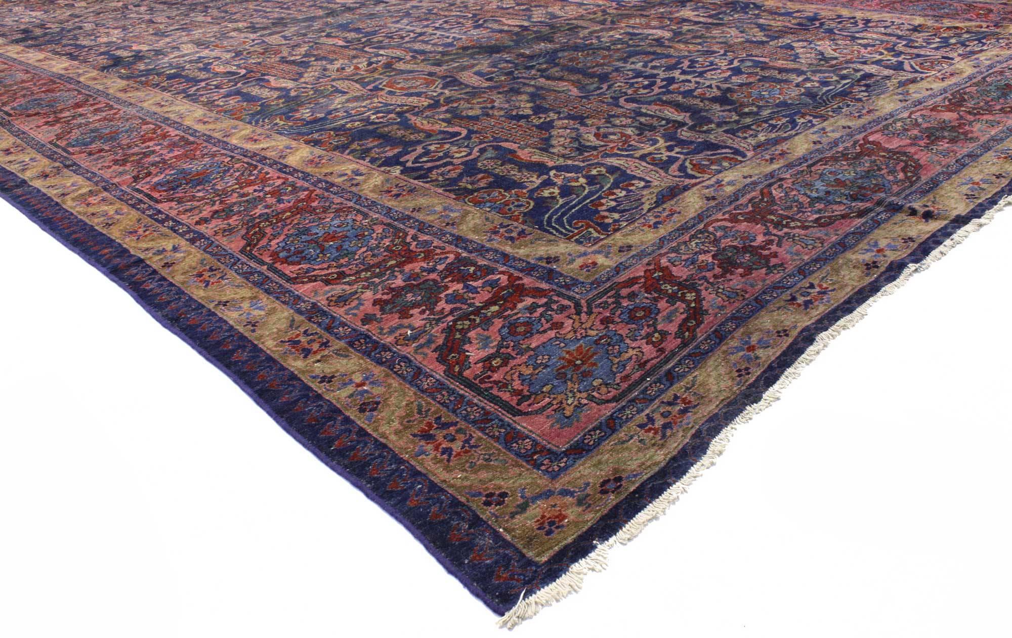 71615 Distressed Antique Bibikabad Persian Rug 11'06 X 24'00. Effortless beauty with rustic sensibility, this hand-knotted wool antique Persian rug is poised to impress. The lovingly time-worn navy blue field features an allover repeating botanical
