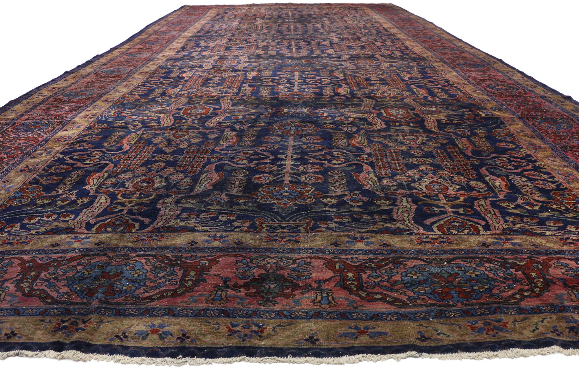 Oversized Antique Persian Bibikabad Rug, Hotel Lobby Size Carpet In Distressed Condition For Sale In Dallas, TX