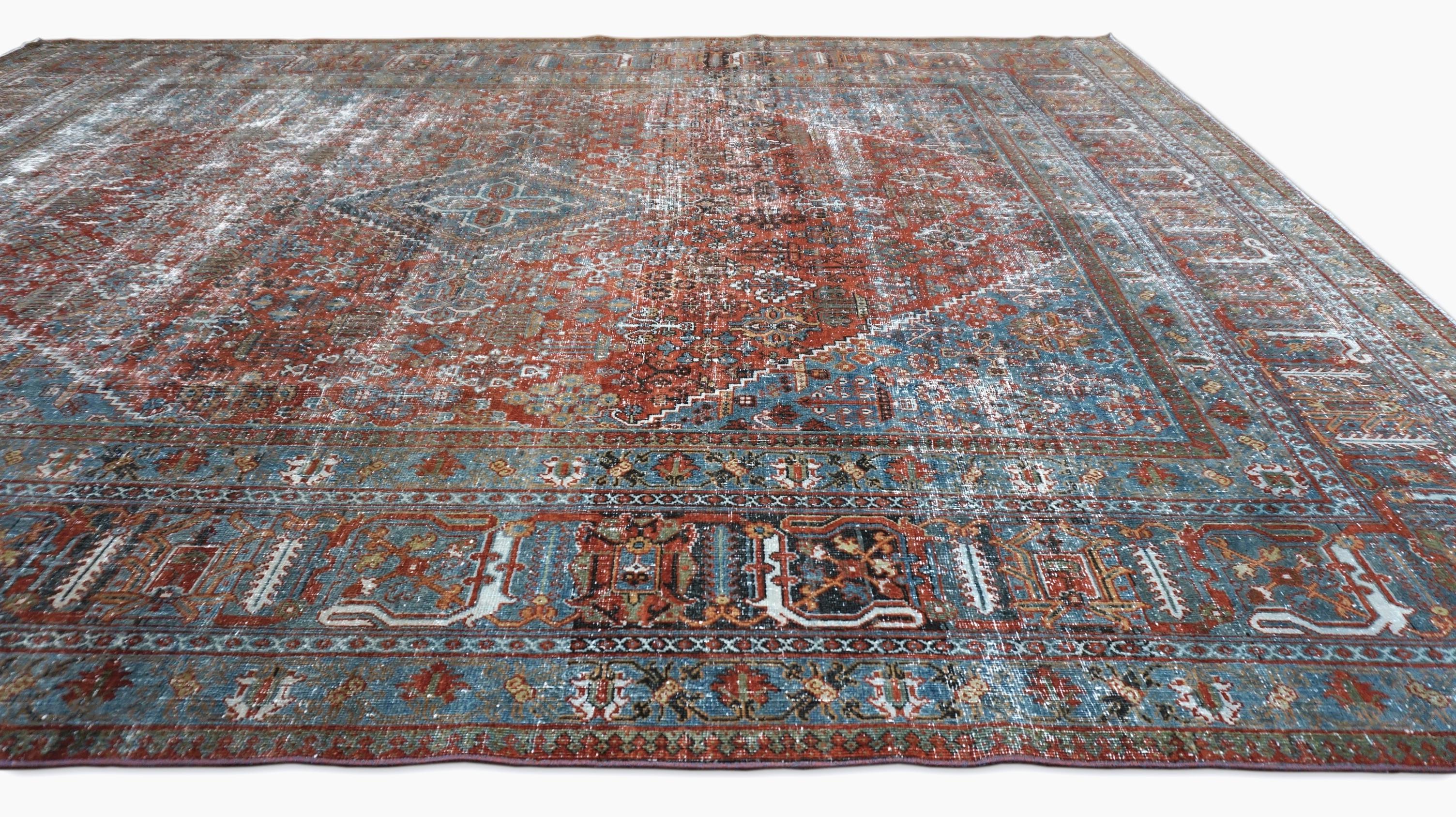 Heriz Serapi Distressed Antique Blue and Red Geometric Wool Rug 10'4''x13'6'' For Sale