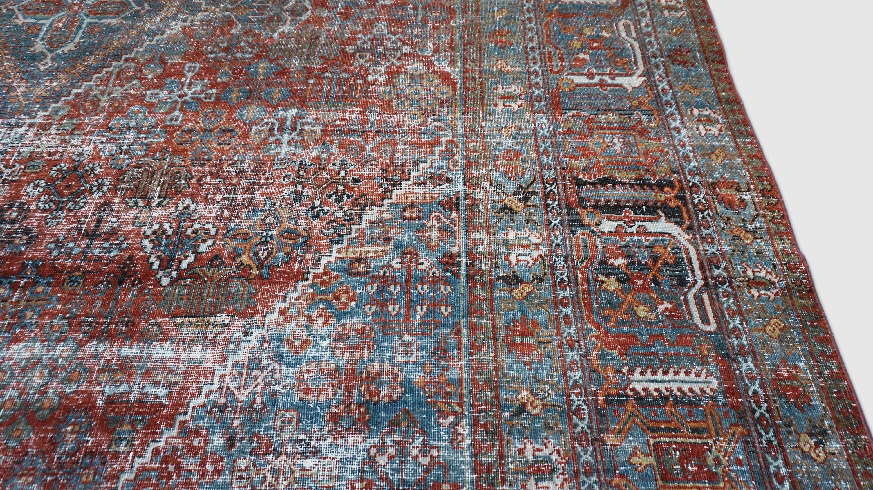 Persian Distressed Antique Blue and Red Geometric Wool Rug 10'4''x13'6'' For Sale