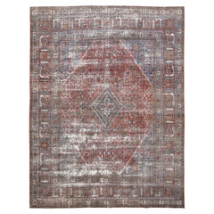 Tapis géométrique bleu et rouge vieilli 10'4''x13'6''