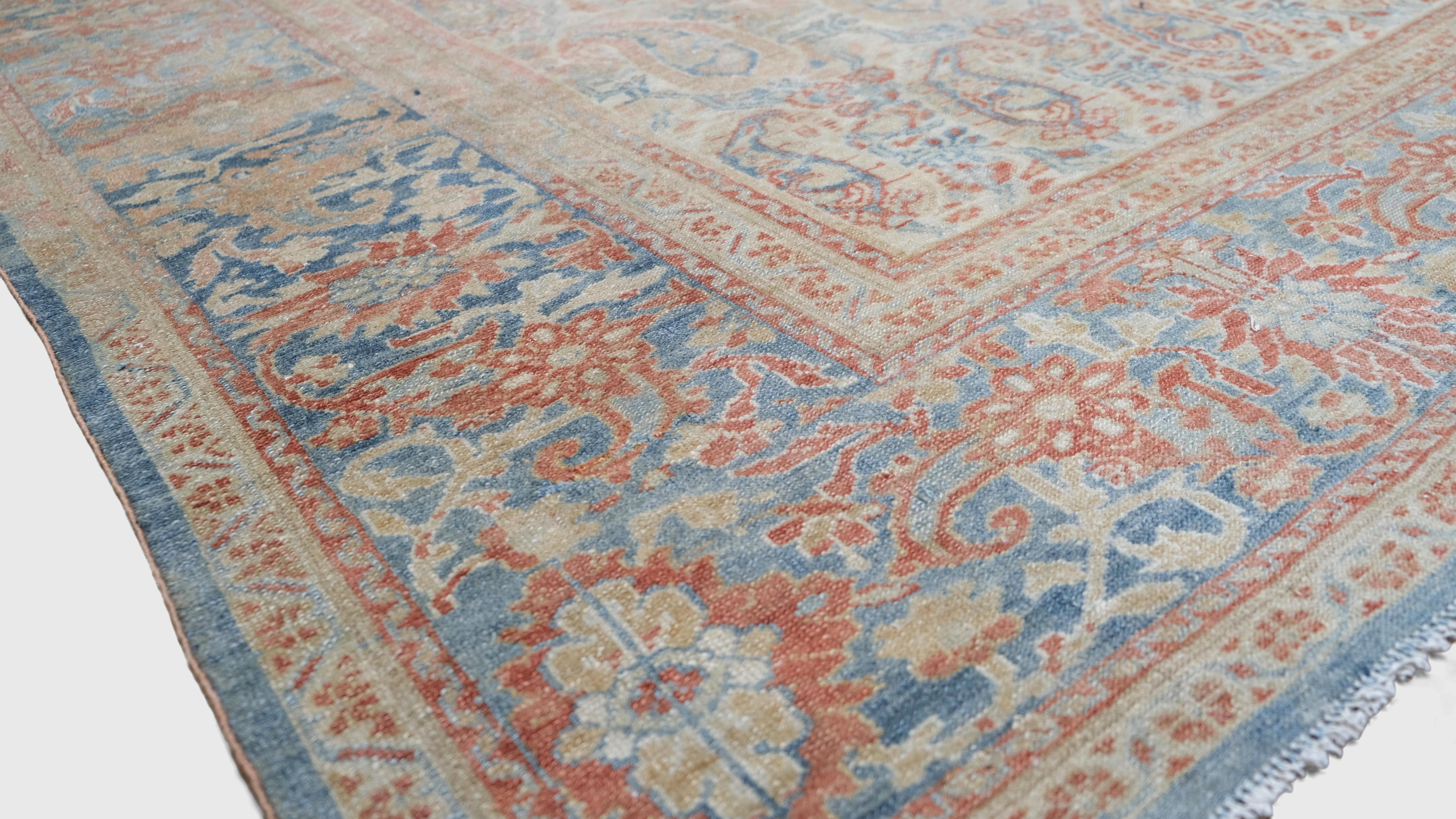 Vittoriano Tappeto Boteh Antico Distressed Rust, Blu e Avorio 8'5''x11'3'' in vendita