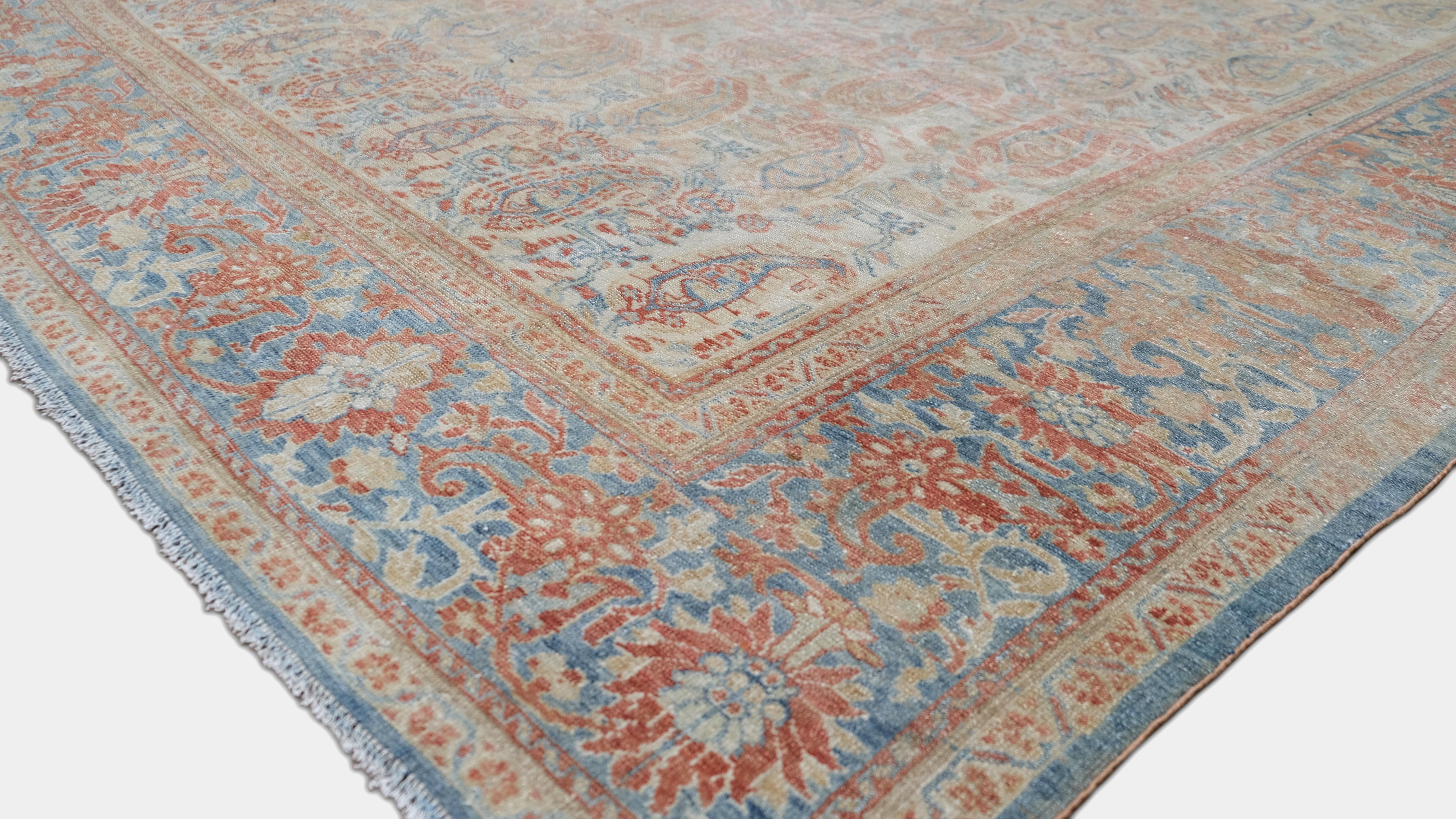 Annodato a mano Tappeto Boteh Antico Distressed Rust, Blu e Avorio 8'5''x11'3'' in vendita