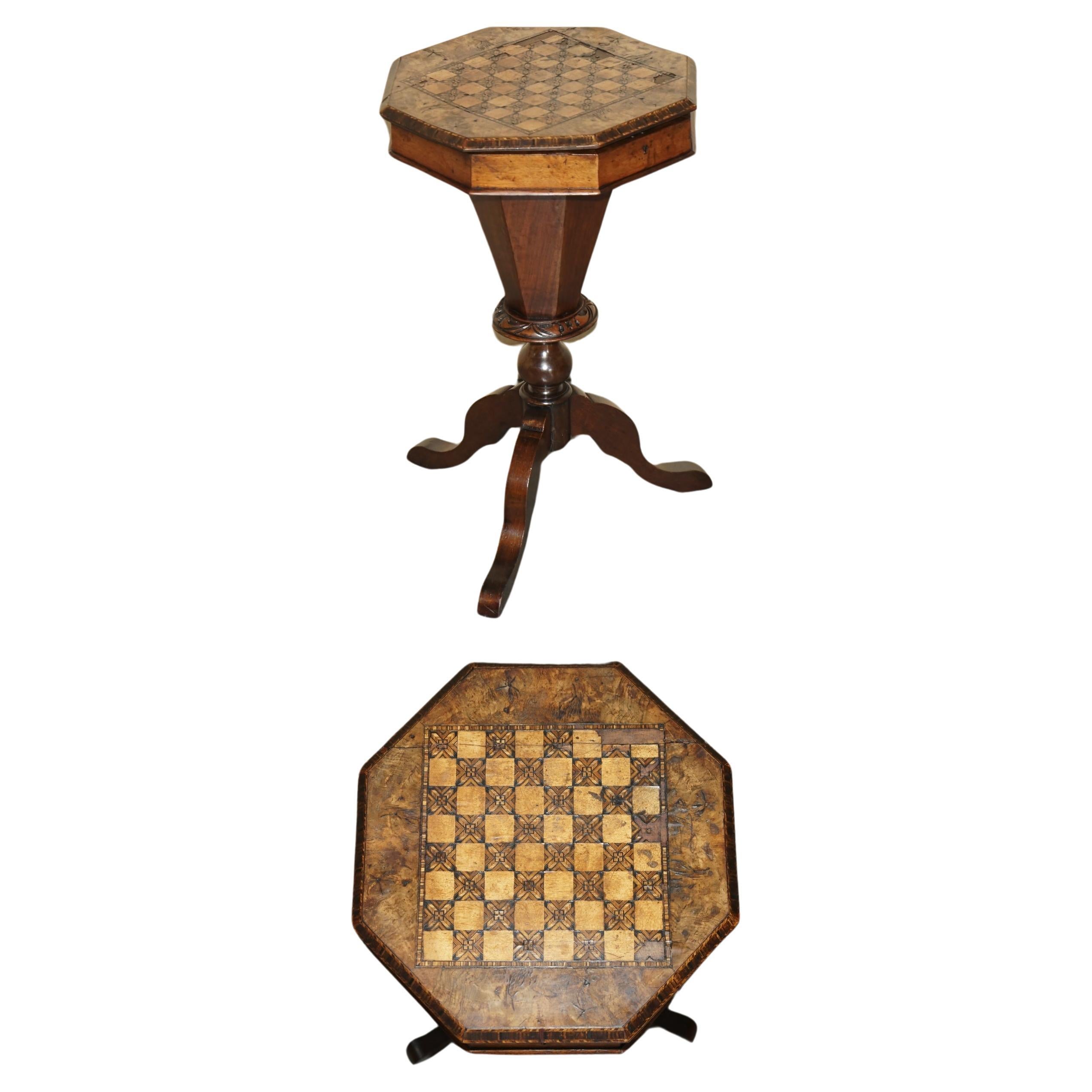 DISTRESSED ANTIQUE BURR WALNUT & HARDWOOD SEWiNG WORK TABLE CHESS BOARD TOP For Sale
