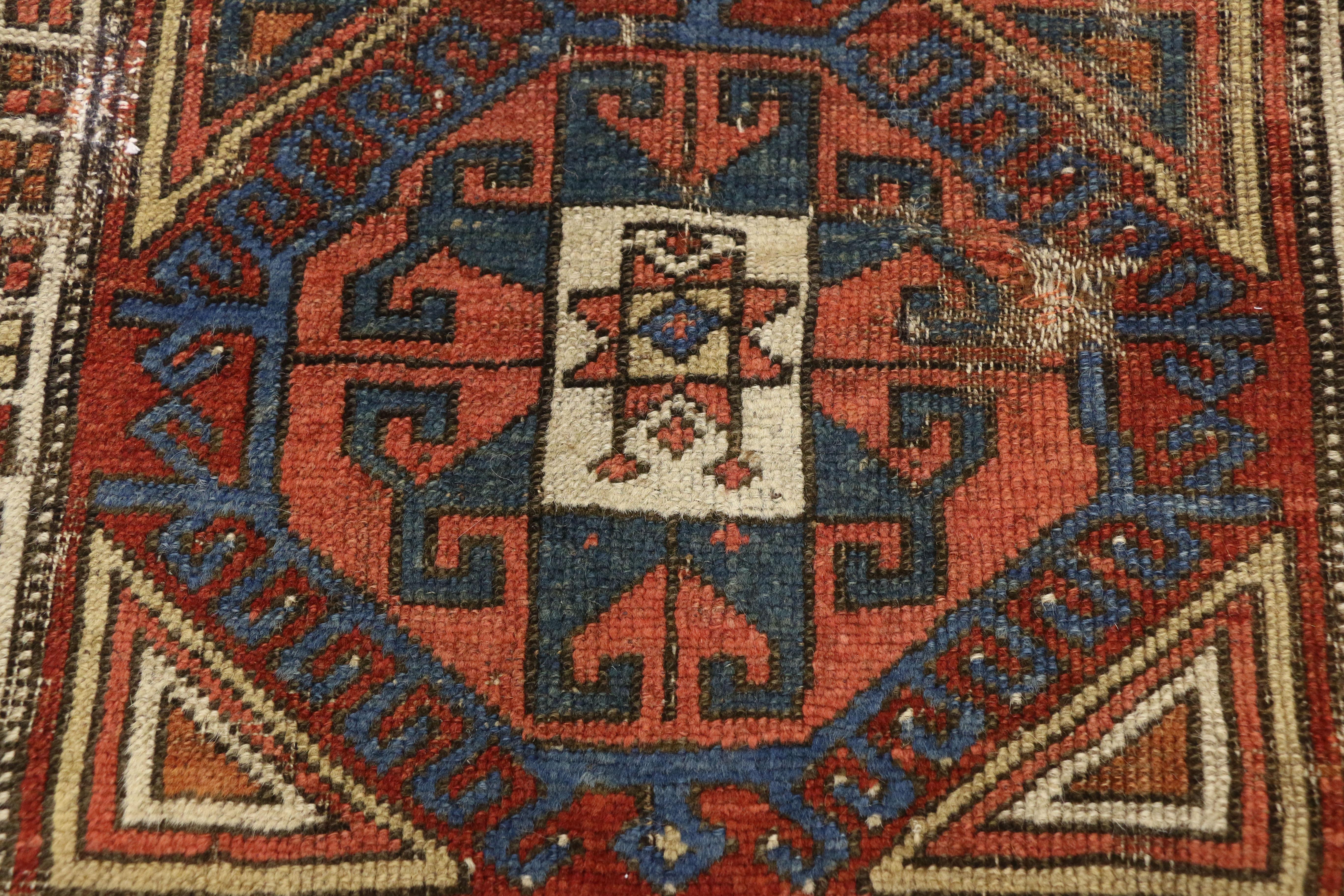 Distressed Antique Caucasian Kazak Scatter Rug with Rustic Tribal Style In Distressed Condition For Sale In Dallas, TX