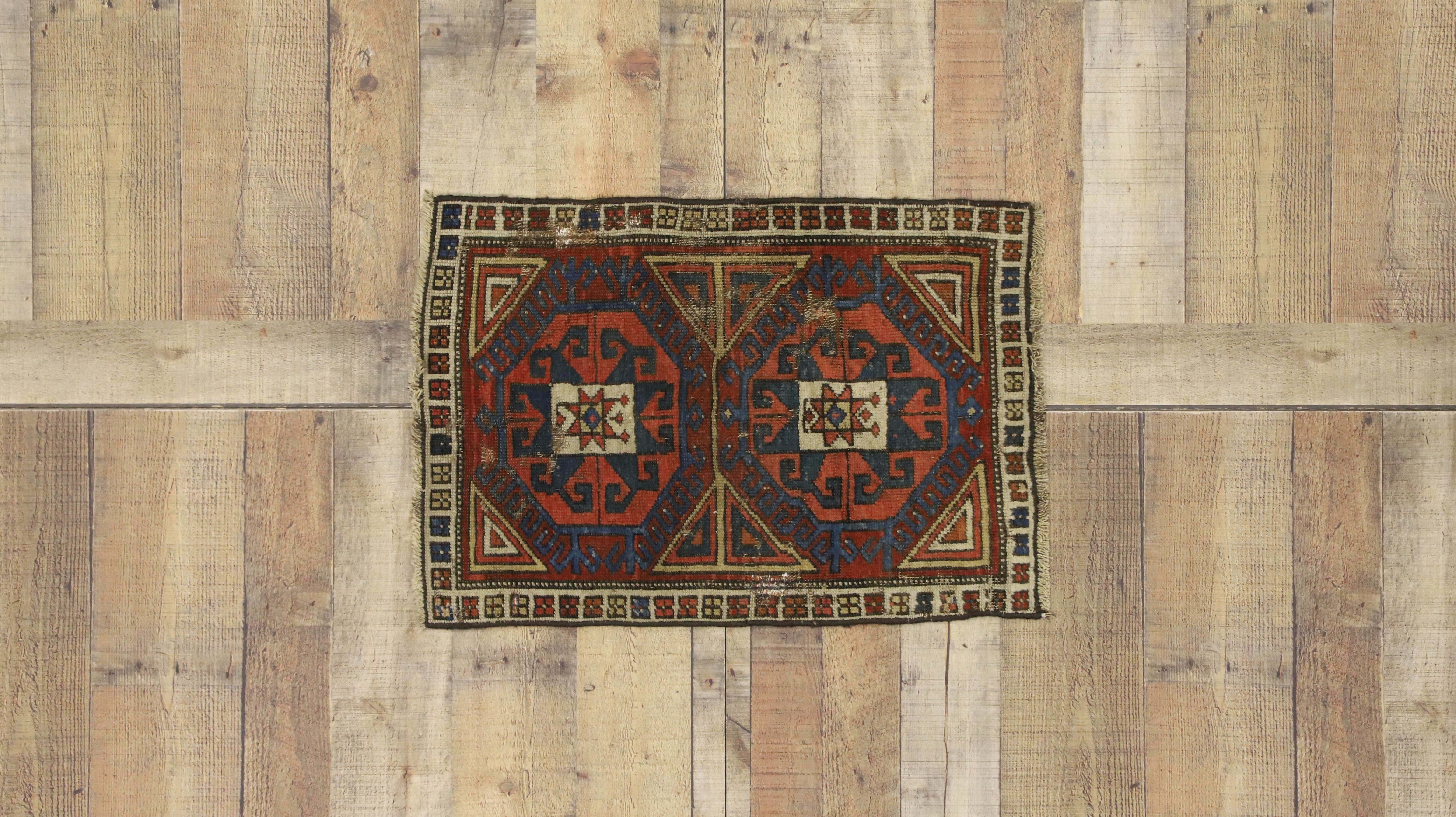 Distressed Antique Caucasian Kazak Scatter Rug with Rustic Tribal Style For Sale 2