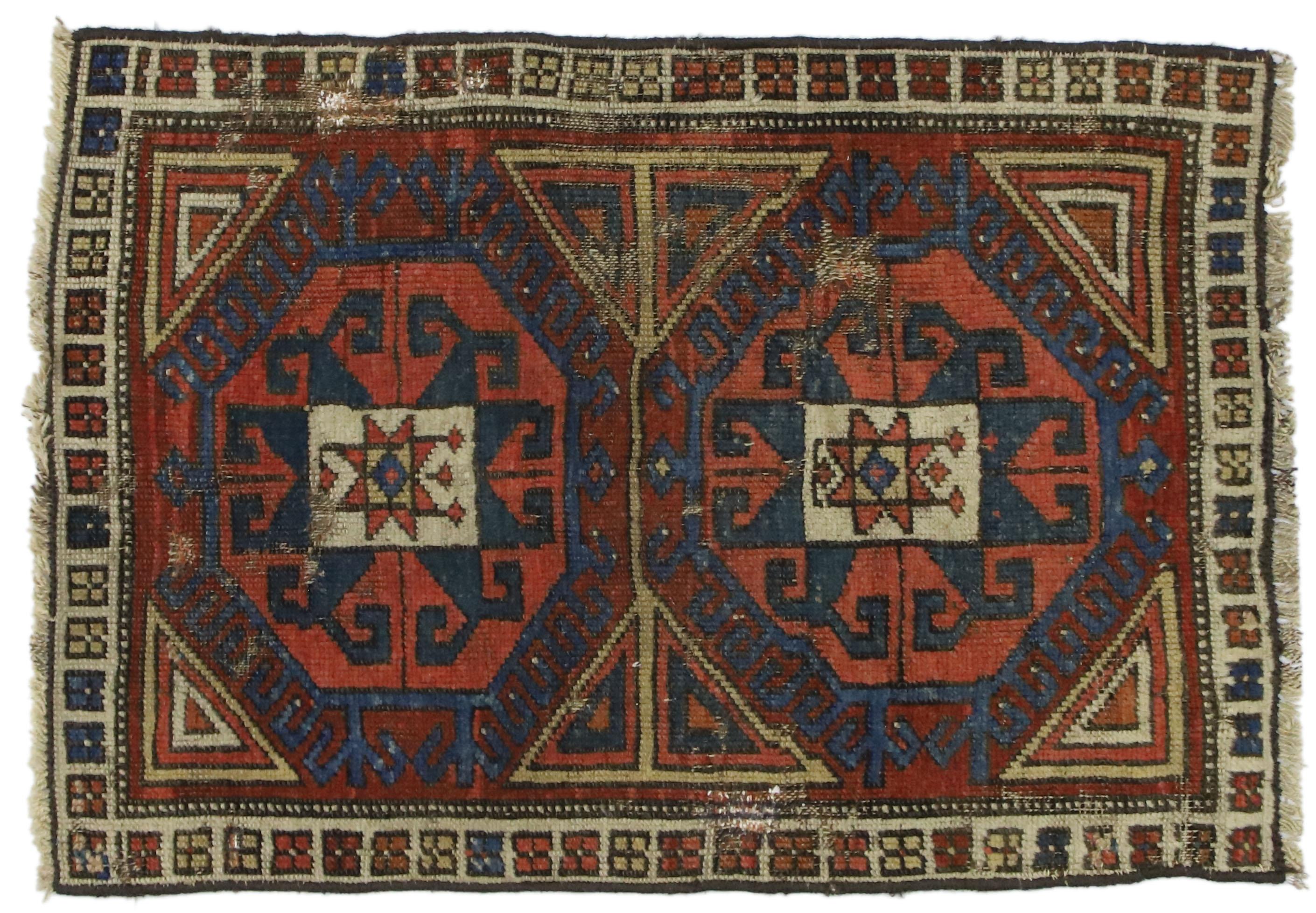 Distressed Antique Caucasian Kazak Scatter Rug with Rustic Tribal Style For Sale 3
