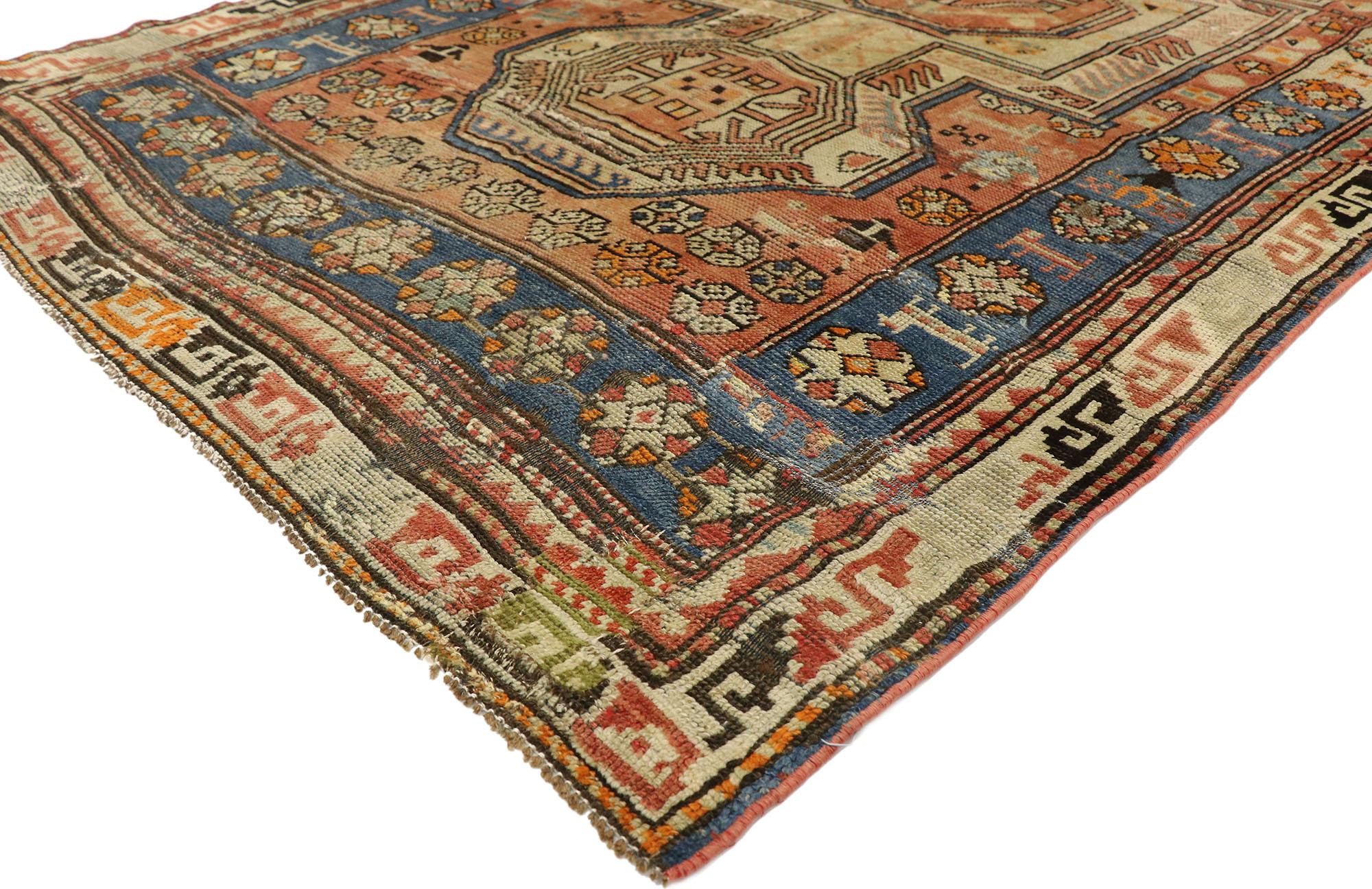 51667, late 19th century Distressed antique Caucasian Kazak tribal rug, Wide Hallway Runner. Based on traditional designs from the Caucasus region, this hand knotted wool antique Russian Kazak rug features four amulet medallions in a cutout field