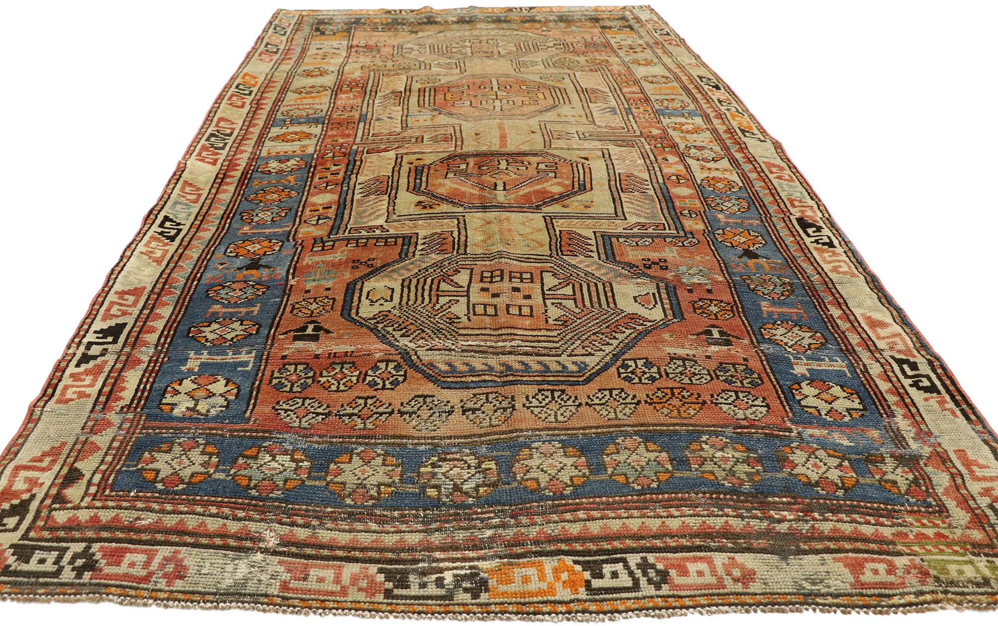 Hand-Knotted Distressed Antique Caucasian Kazak Tribal Rug, Wide Hallway Runner For Sale