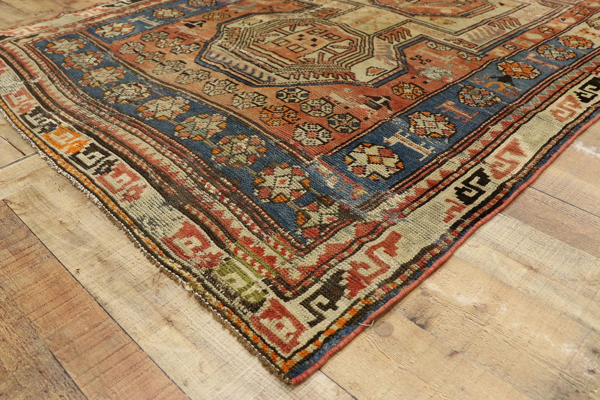 Wool Distressed Antique Caucasian Kazak Tribal Rug, Wide Hallway Runner For Sale