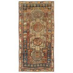 Tapis tribal caucasien ancien vieilli, large tapis de couloir