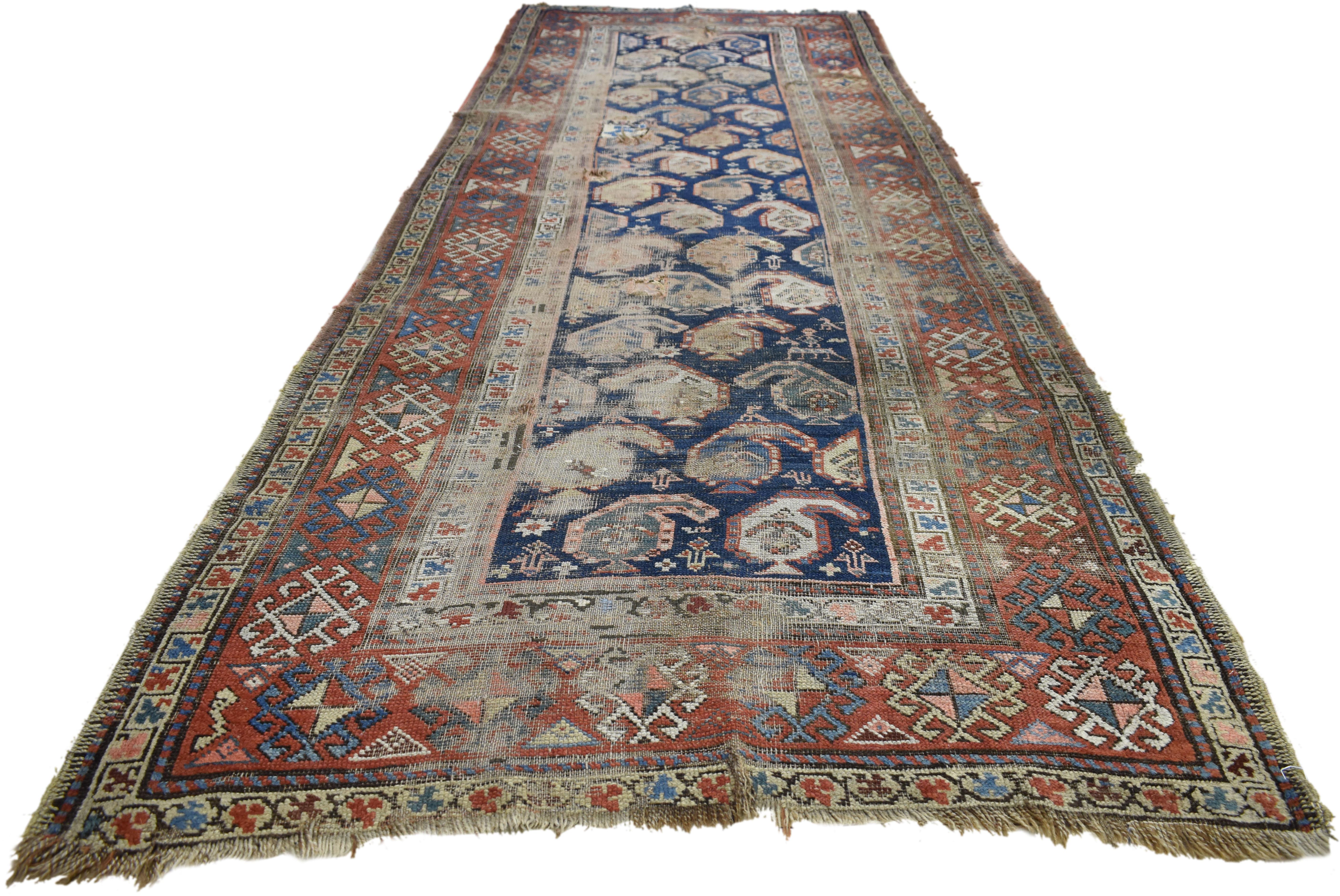 Wool Distressed Antique Caucasian Shirvan Boteh Carpet Runner, Hallway Runner For Sale