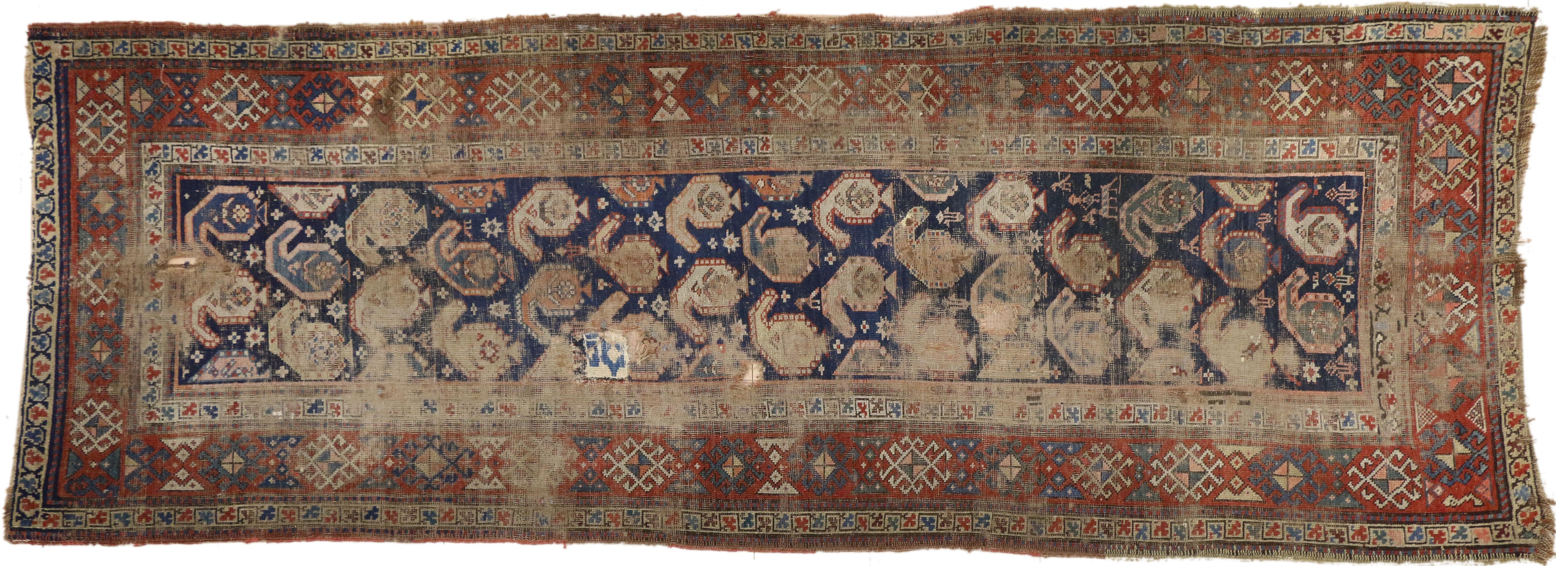 Kazak Distressed Antique Caucasian Shirvan Boteh Carpet Runner, Hallway Runner For Sale