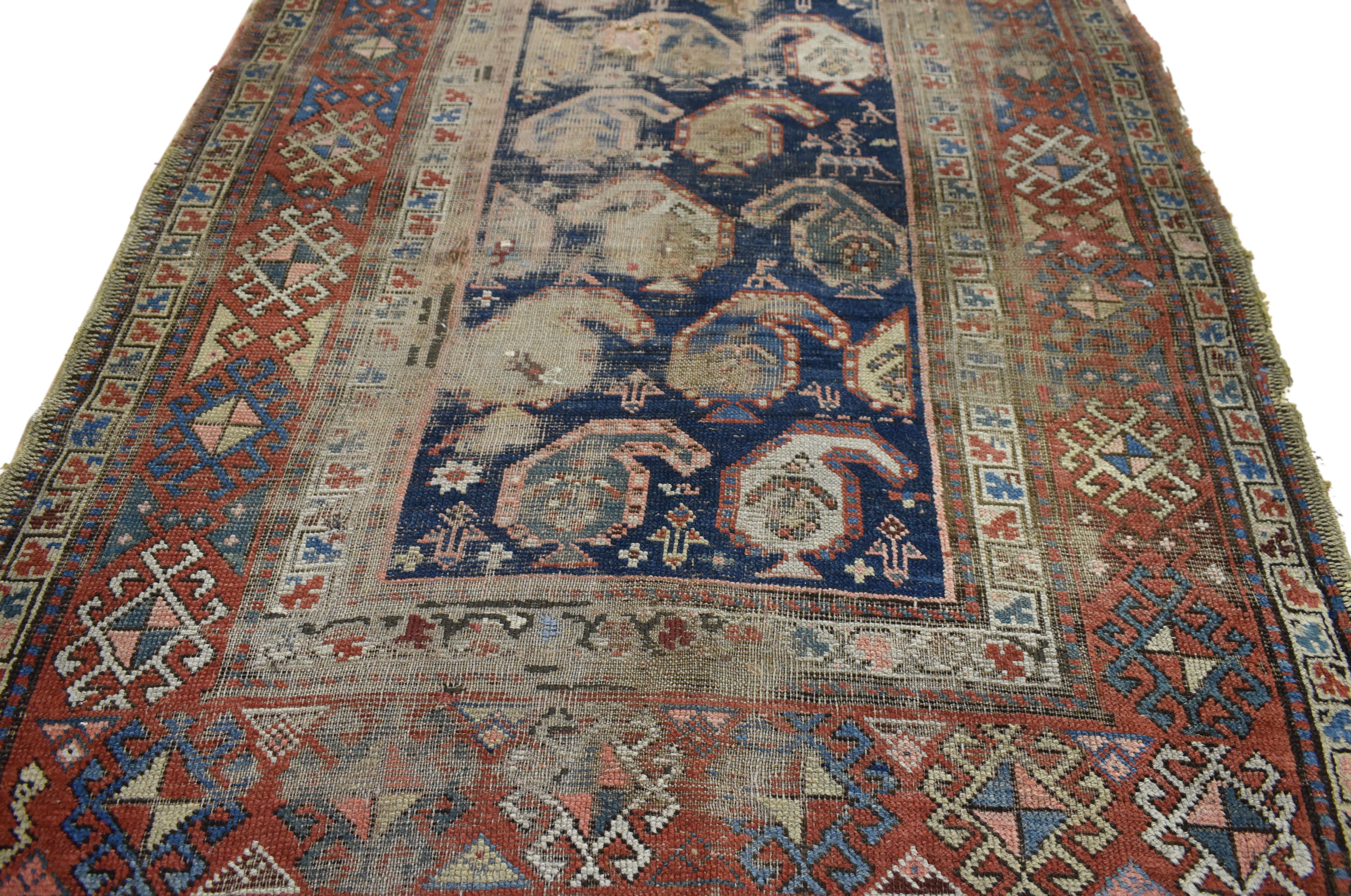 Hand-Knotted Distressed Antique Caucasian Shirvan Boteh Carpet Runner, Hallway Runner For Sale