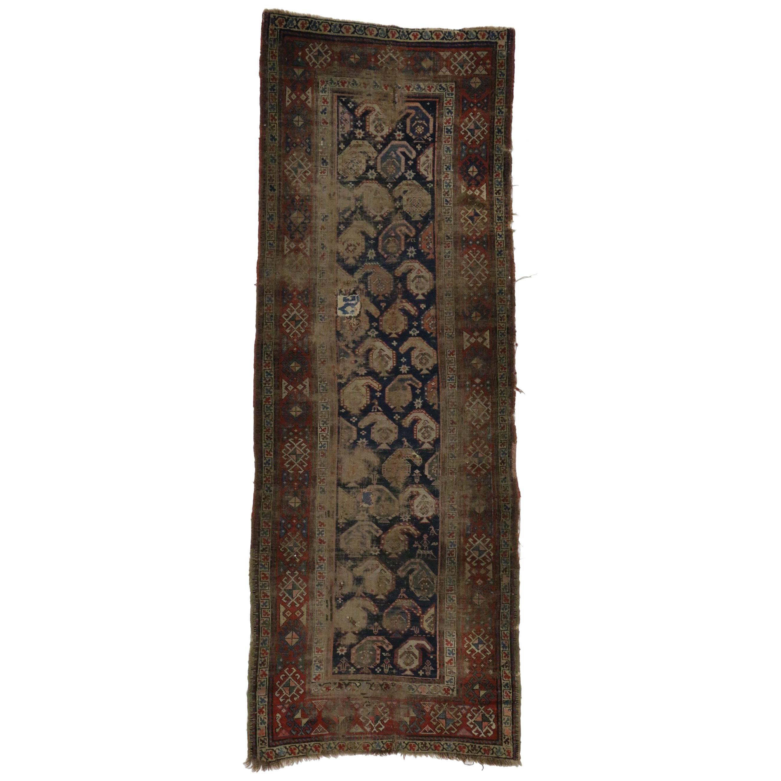 Distressed Antique Caucasian Shirvan Boteh Carpet Runner, Hallway Runner