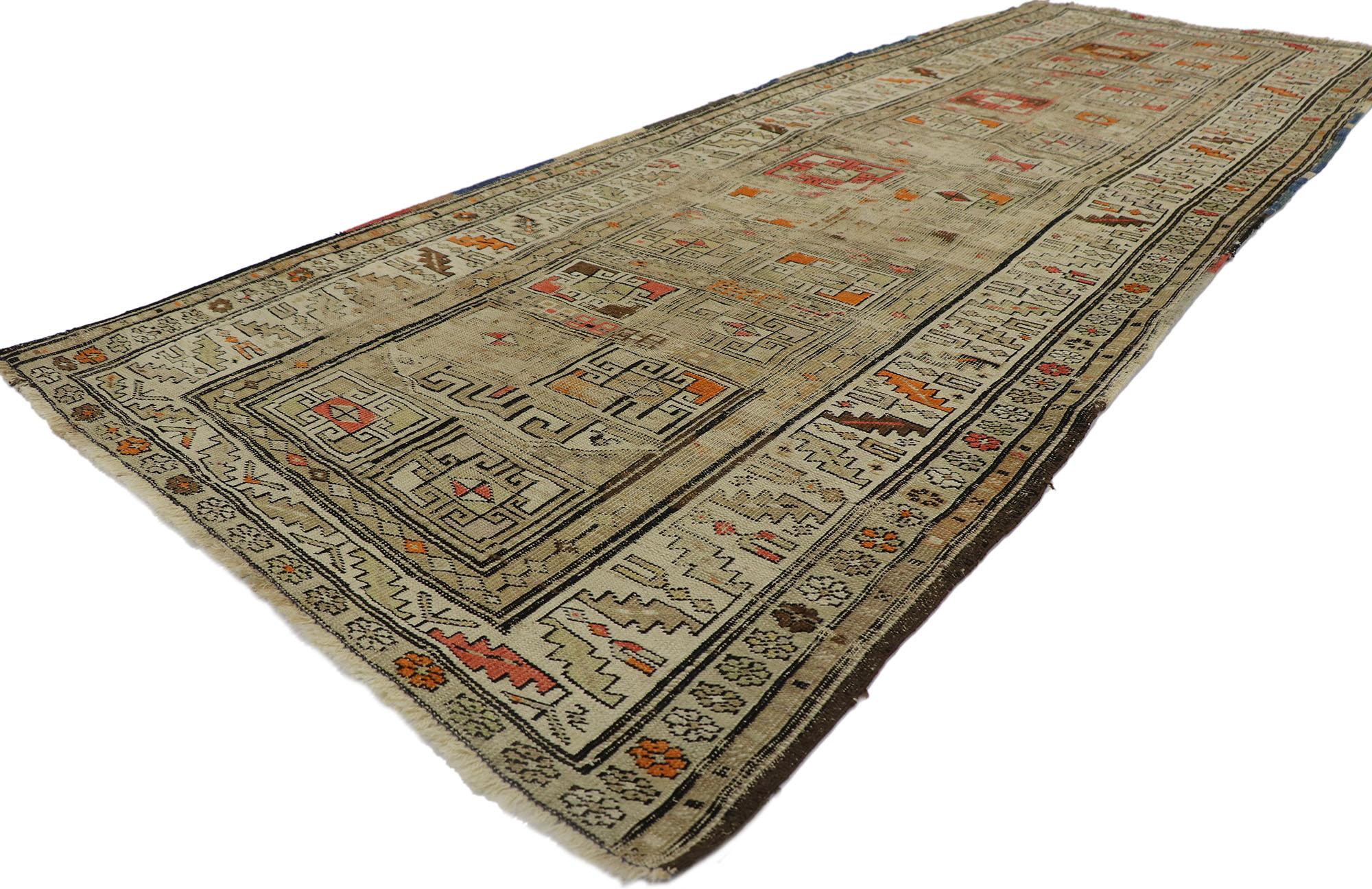 53652 Distressed Antique Caucasian Shirvan Runner with Rustic Tribal Style 03'02 x 08'05. Balancing traditional sensibility and tribal design elements with nostalgic charm, this hand knotted wool distressed antique Caucasian Shirvan runner can
