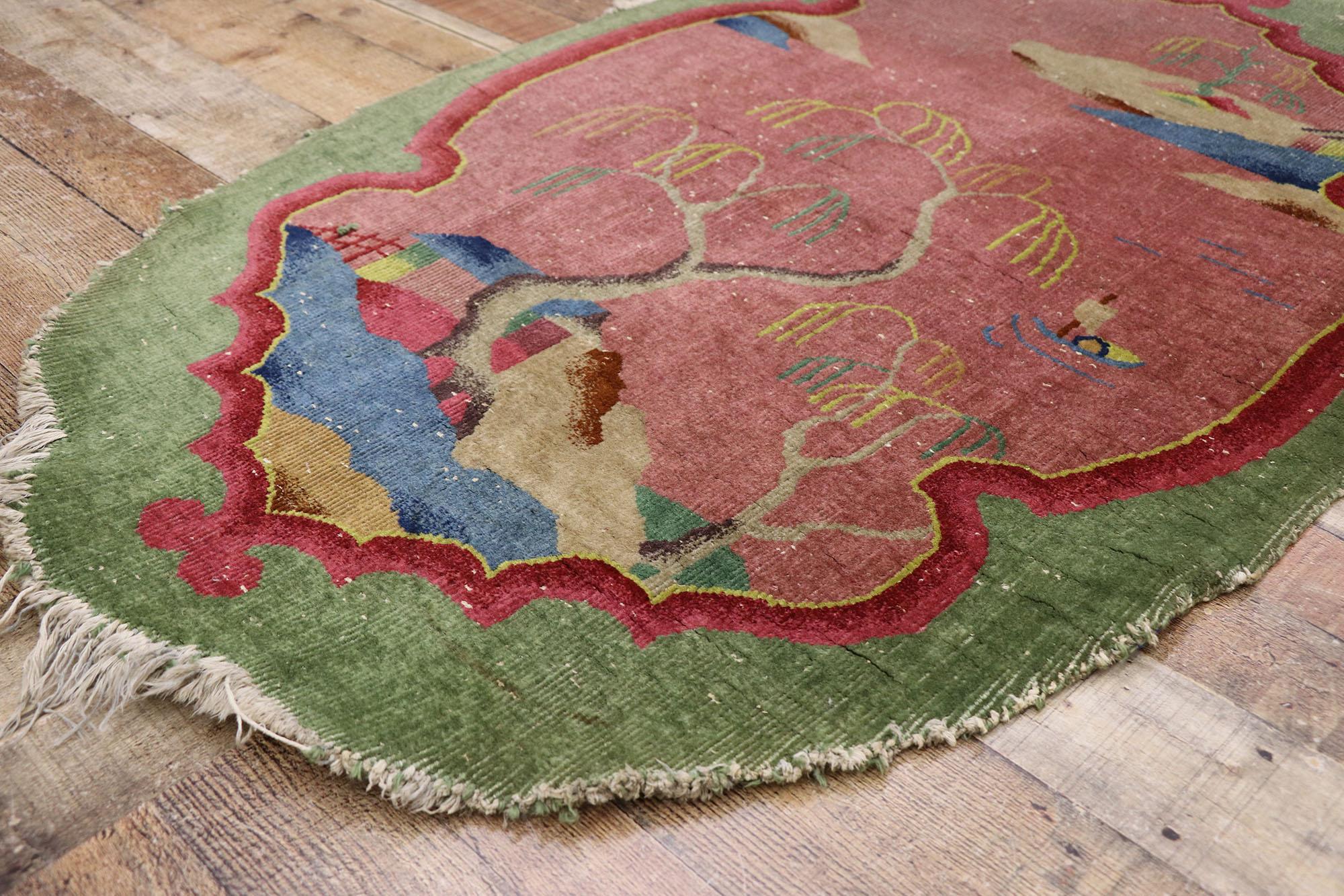 Wool Distressed Antique Chinese Art Deco Oval Rug For Sale