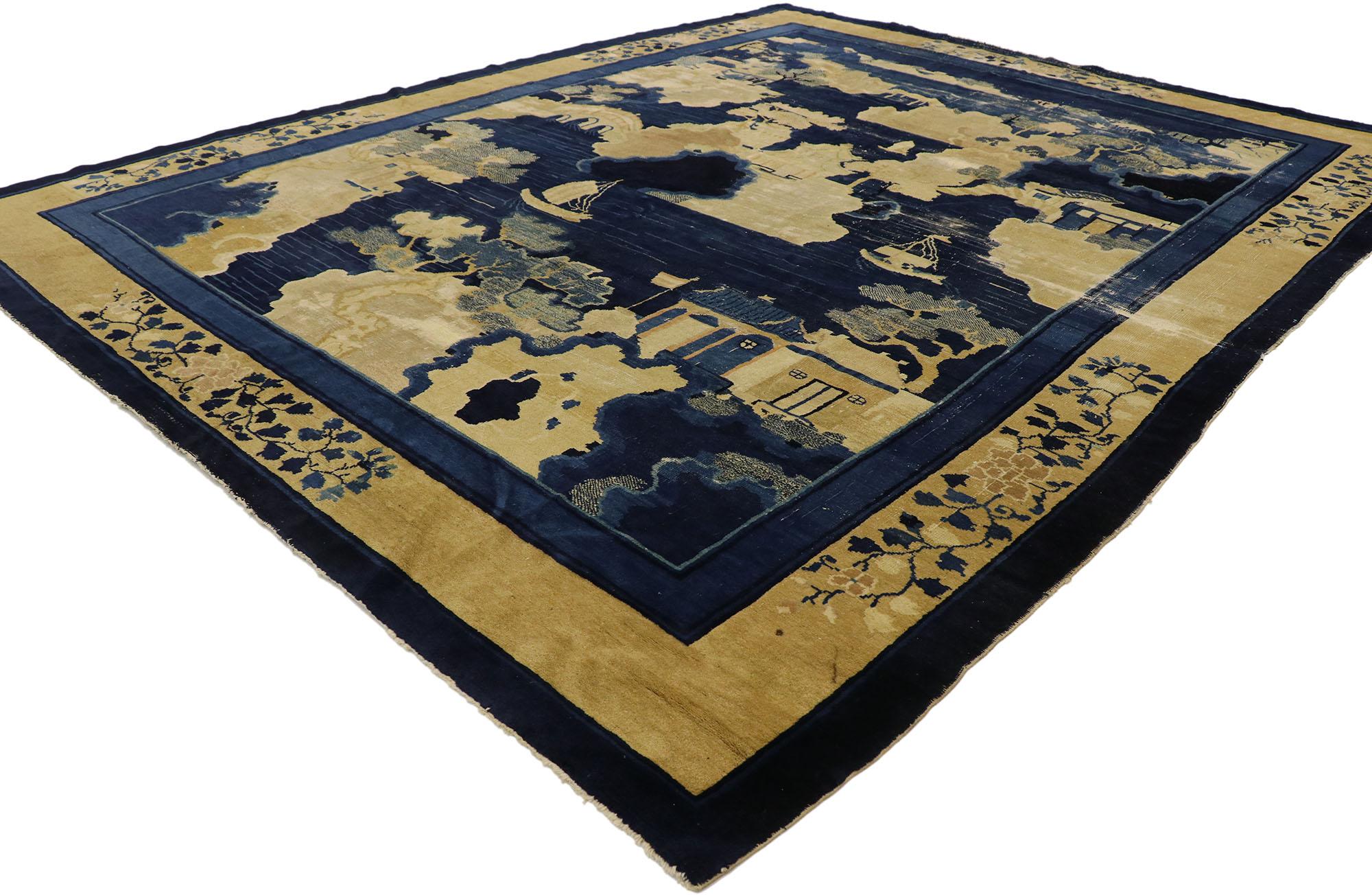 77556, distressed antique Chinese Baotou Pictorial rug with landscape design. This hand knotted wool distressed antique Chinese Baotou Pictorial rug features a striking landscape scene overlaid upon an abrashed ink blue field. With its cold, arid