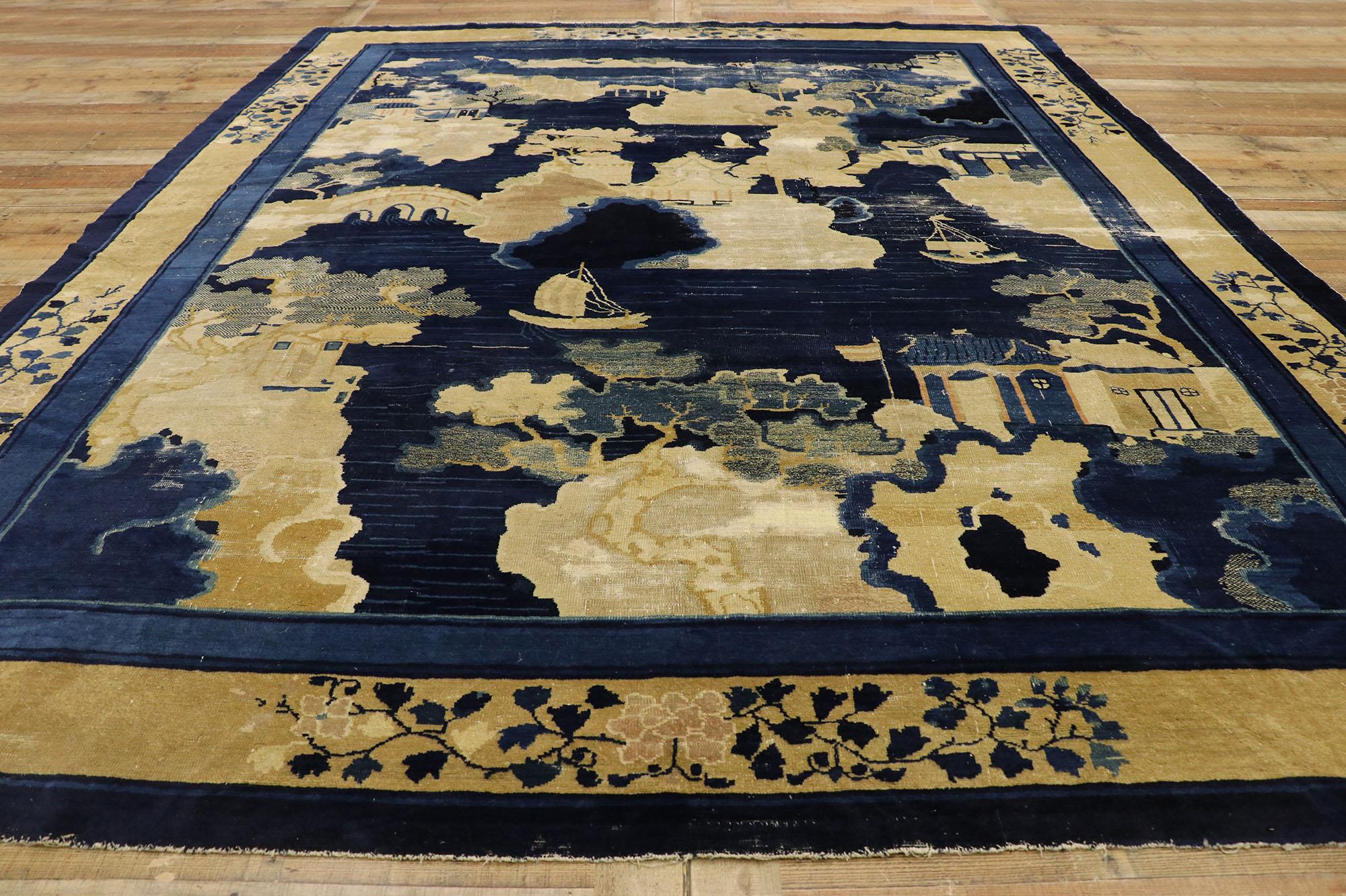 Distressed Antique Chinese Baotou Pictorial Rug with Landscape Design 1