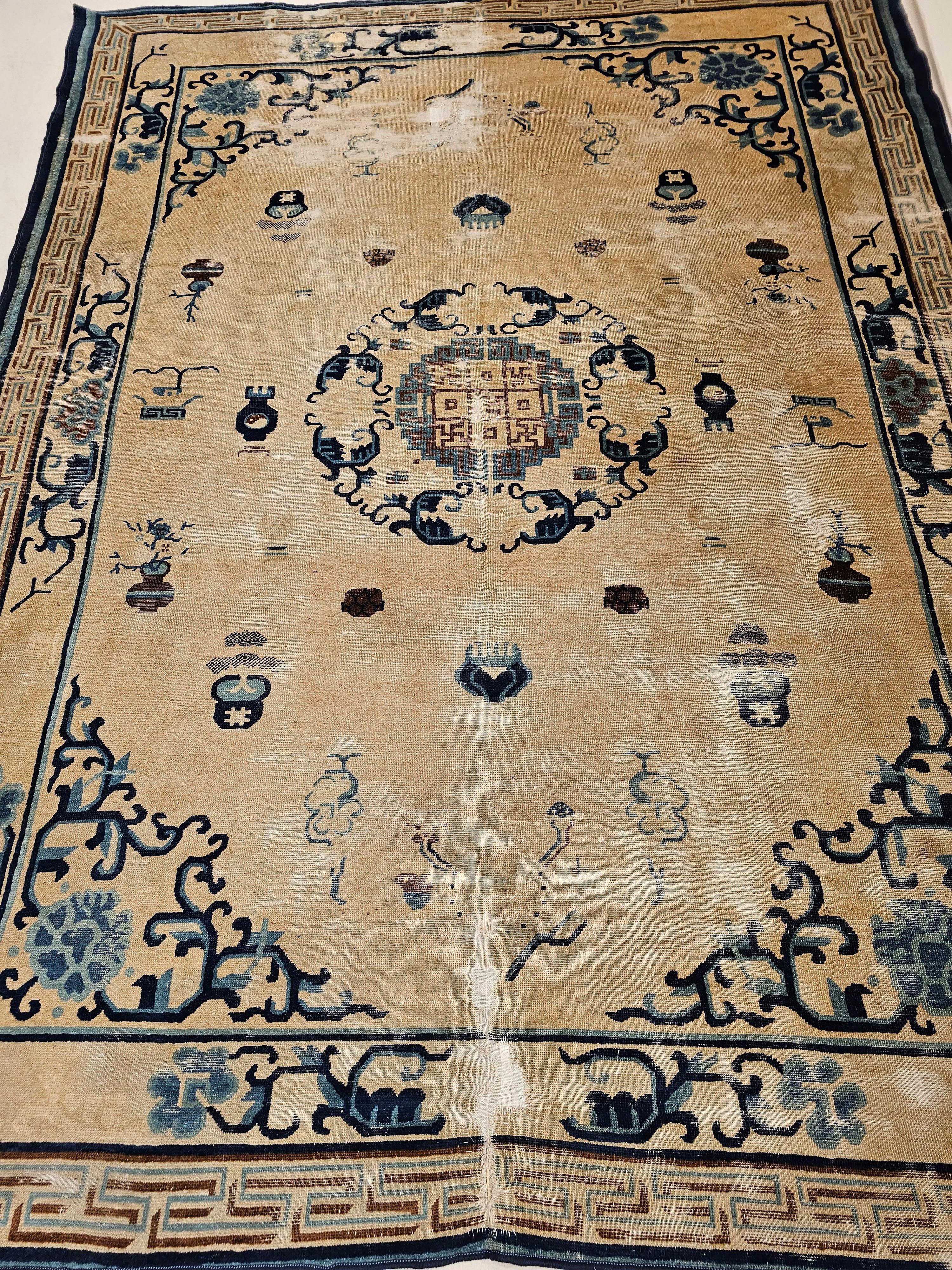 Vintage Chinese Peking Rug with Fortune Symbols in Ivory, Navy, Baby Blue For Sale 5
