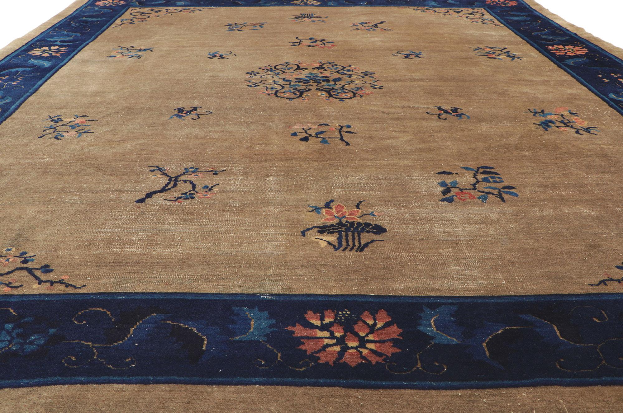 Hand-Knotted Distressed Antique Chinese Peking Rug For Sale