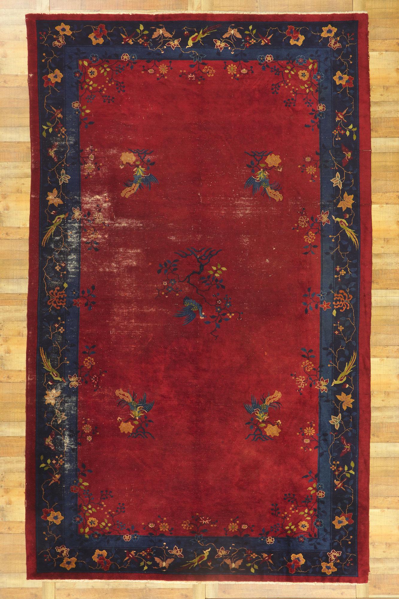 Distressed Antique Chinese Peking Rug In Distressed Condition For Sale In Dallas, TX