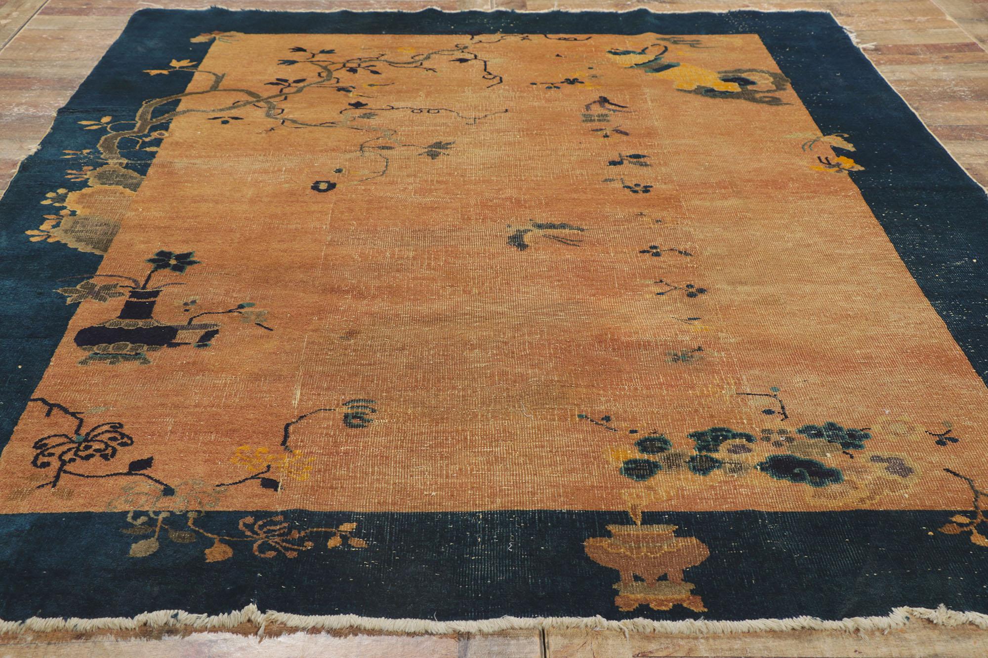 Wool Distressed Antique Chinese Peking Rug For Sale