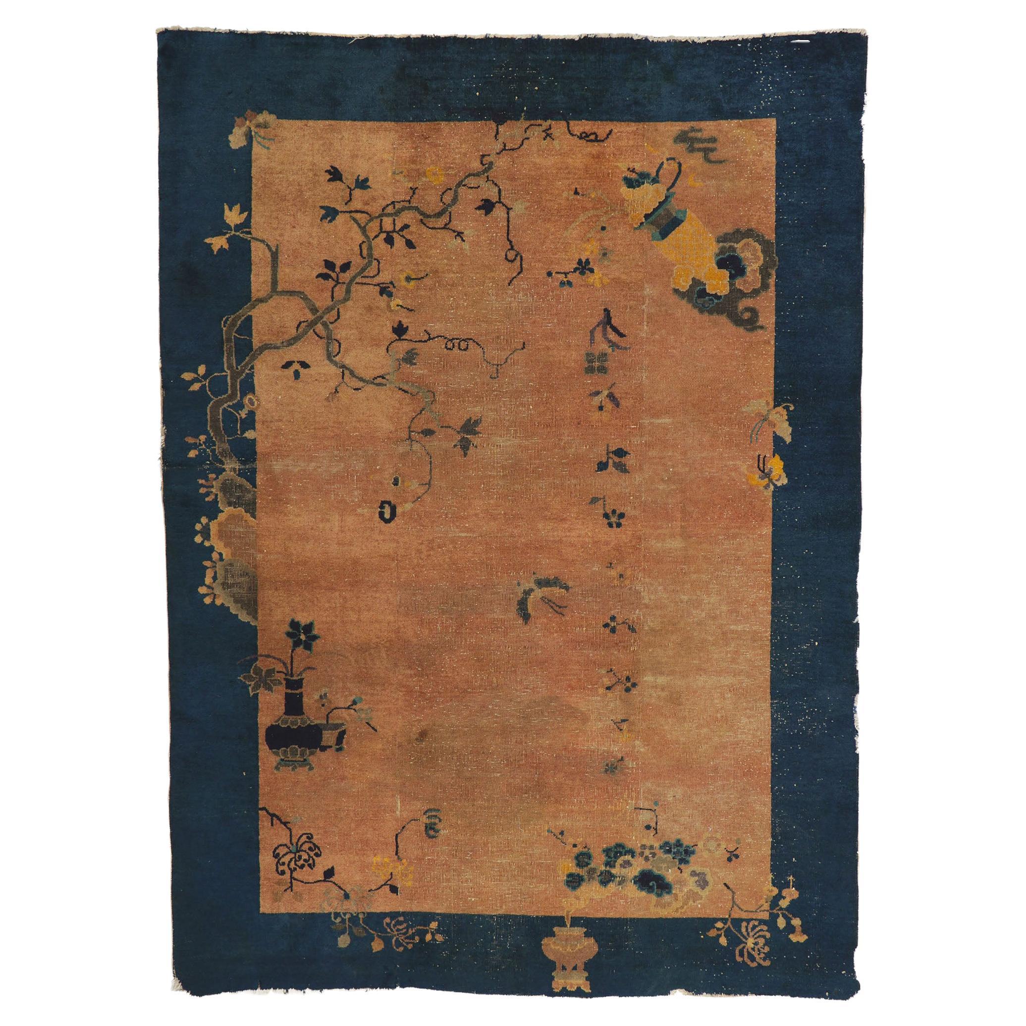 Distressed Antique Chinese Peking Rug For Sale