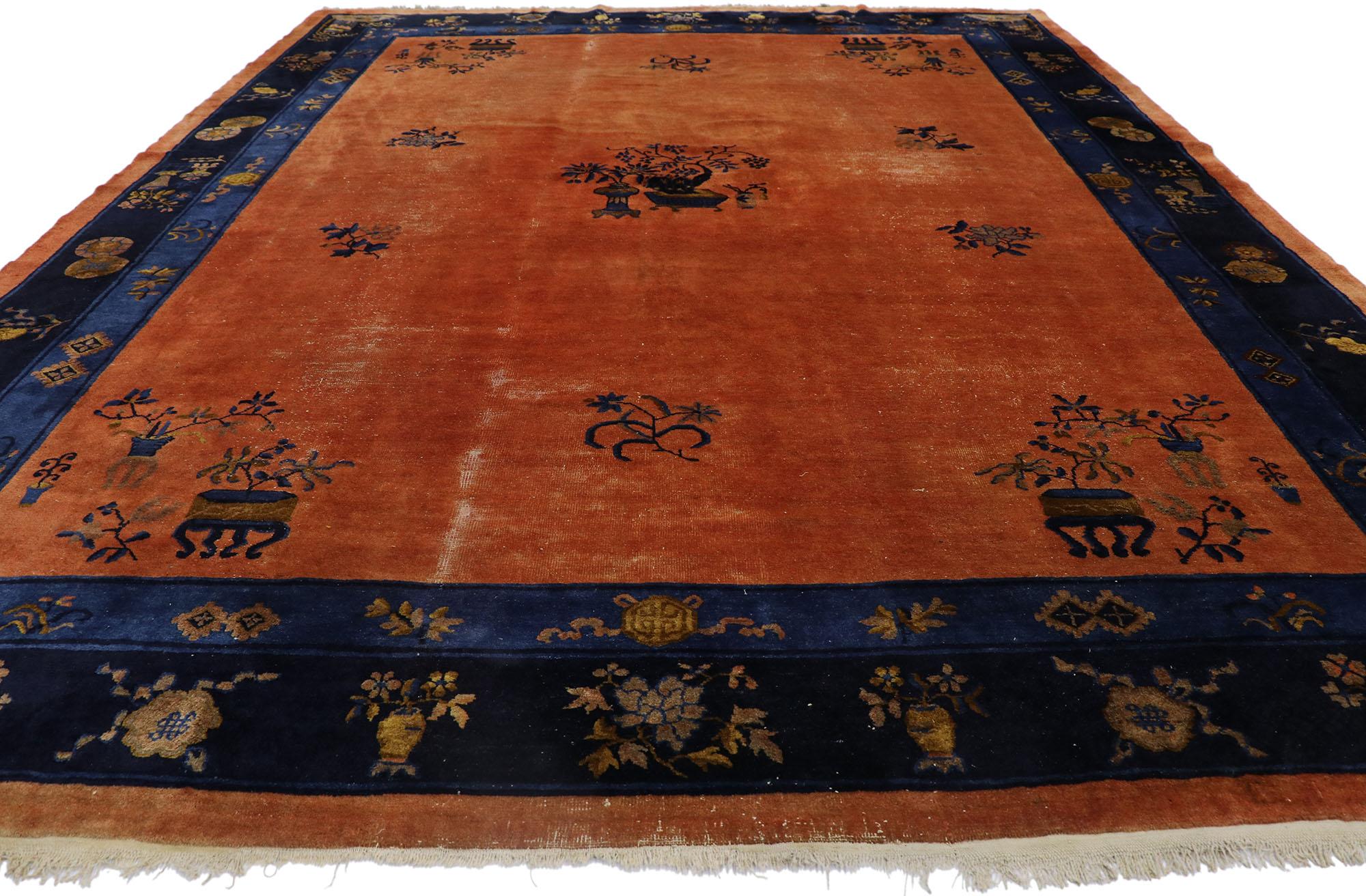 Hand-Knotted Distressed Antique Chinese Peking Rug with Art Deco Style For Sale
