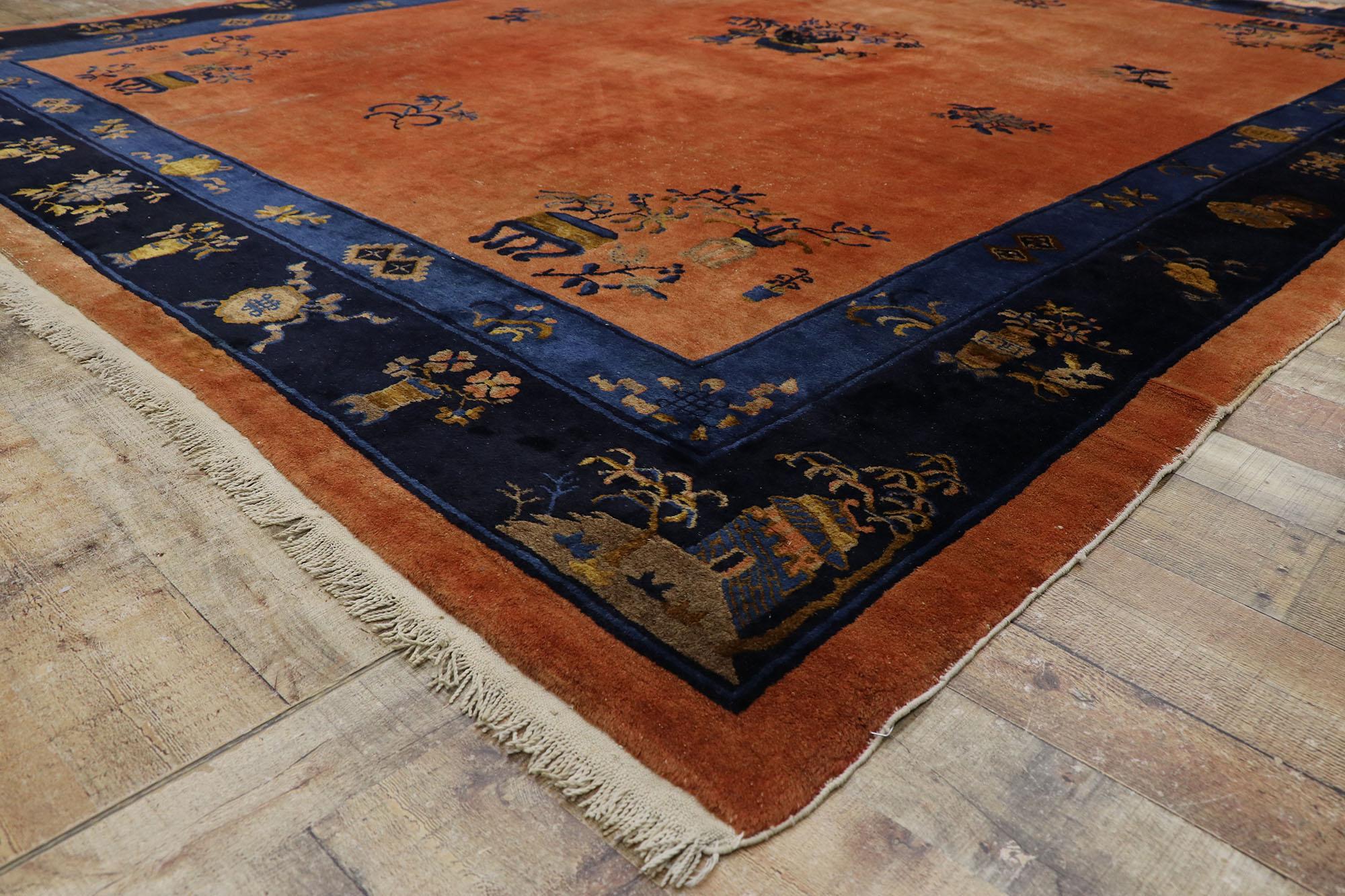 Wool Distressed Antique Chinese Peking Rug with Art Deco Style For Sale