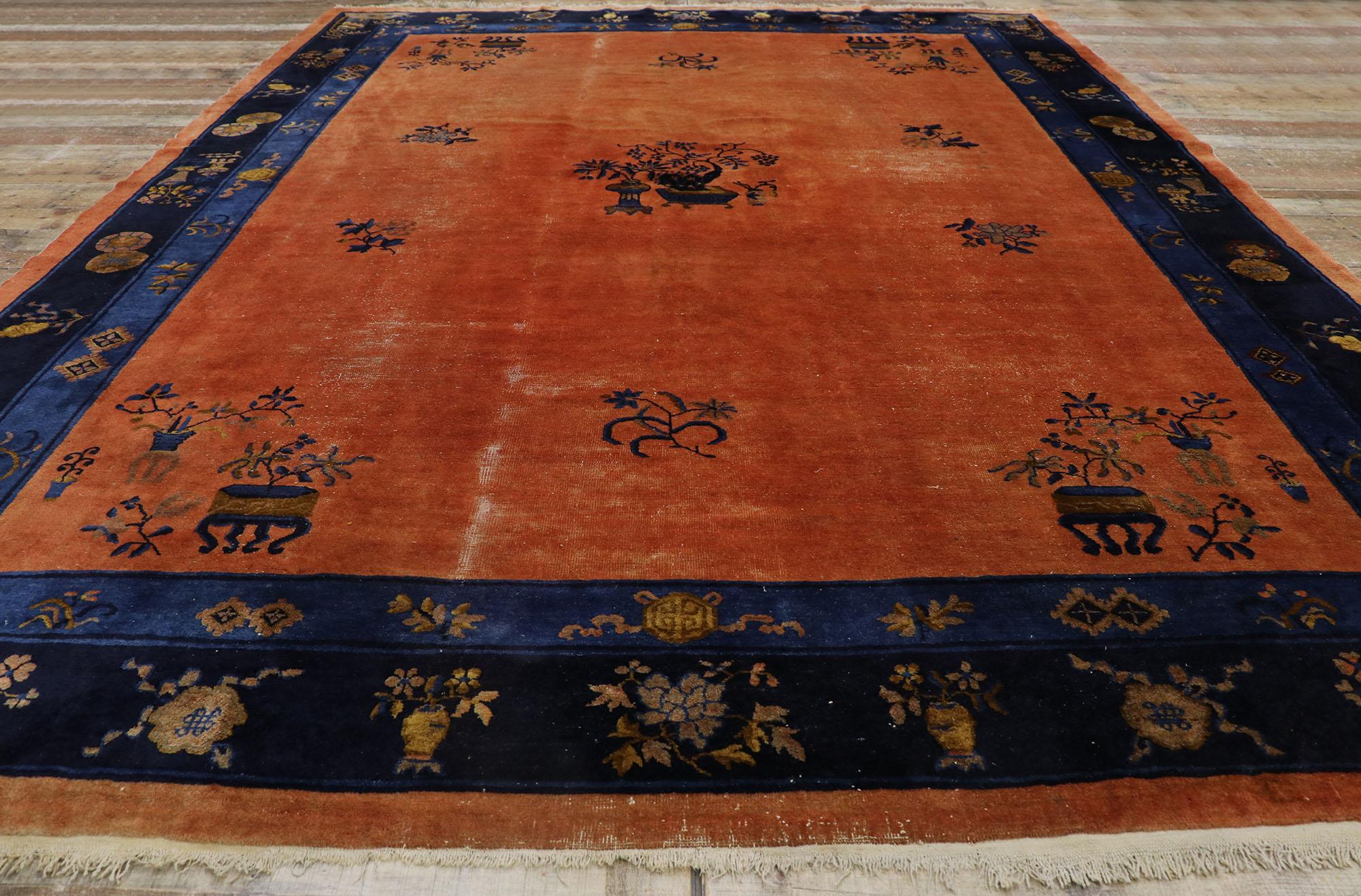 Distressed Antique Chinese Peking Rug with Art Deco Style For Sale 1