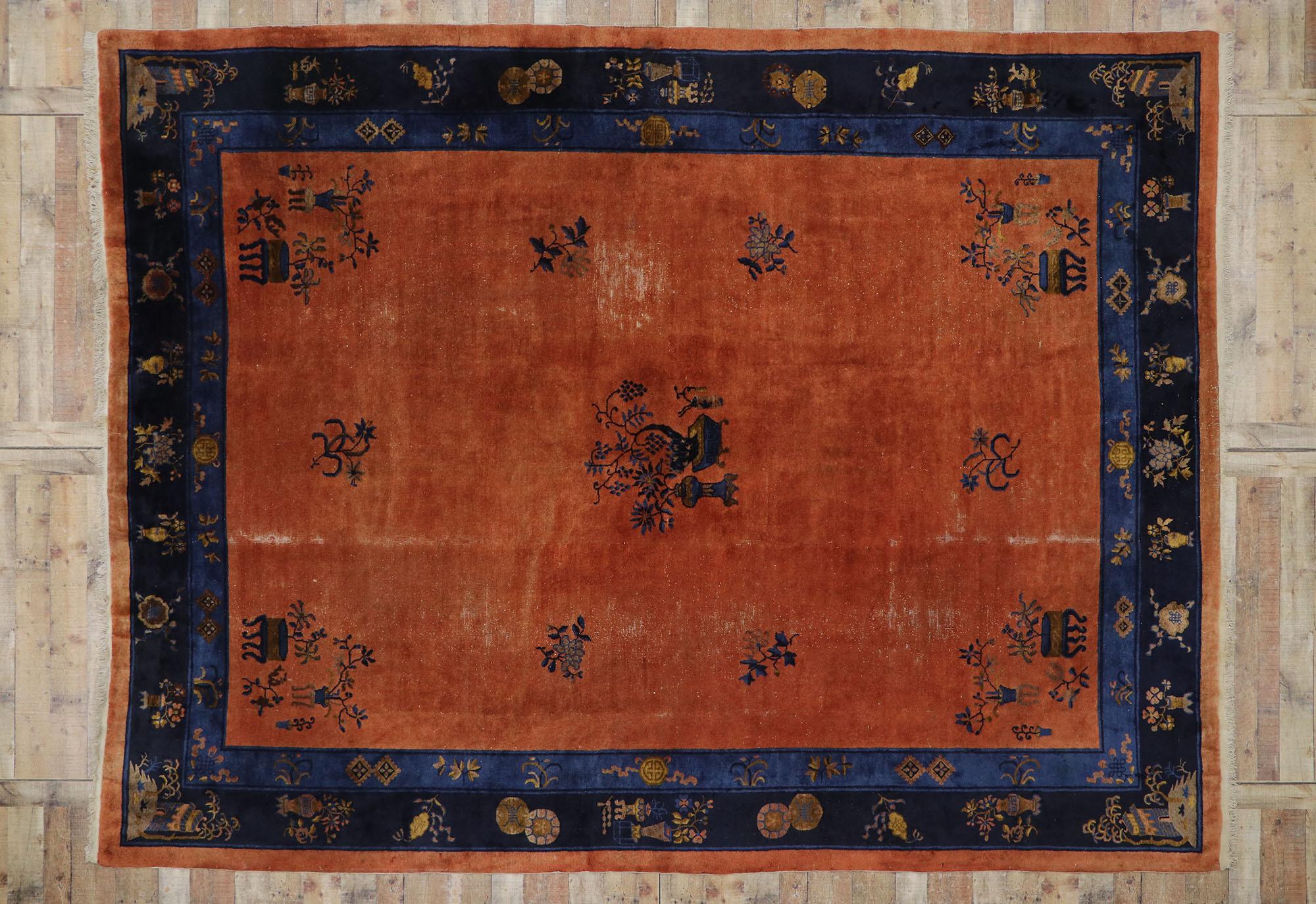 Distressed Antique Chinese Peking Rug with Art Deco Style For Sale 2