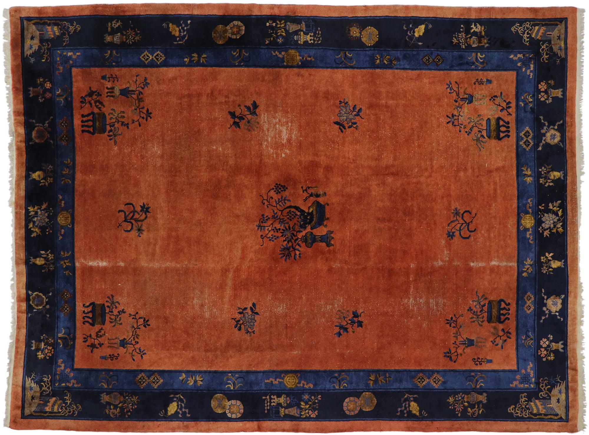 Distressed Antique Chinese Peking Rug with Art Deco Style For Sale 3