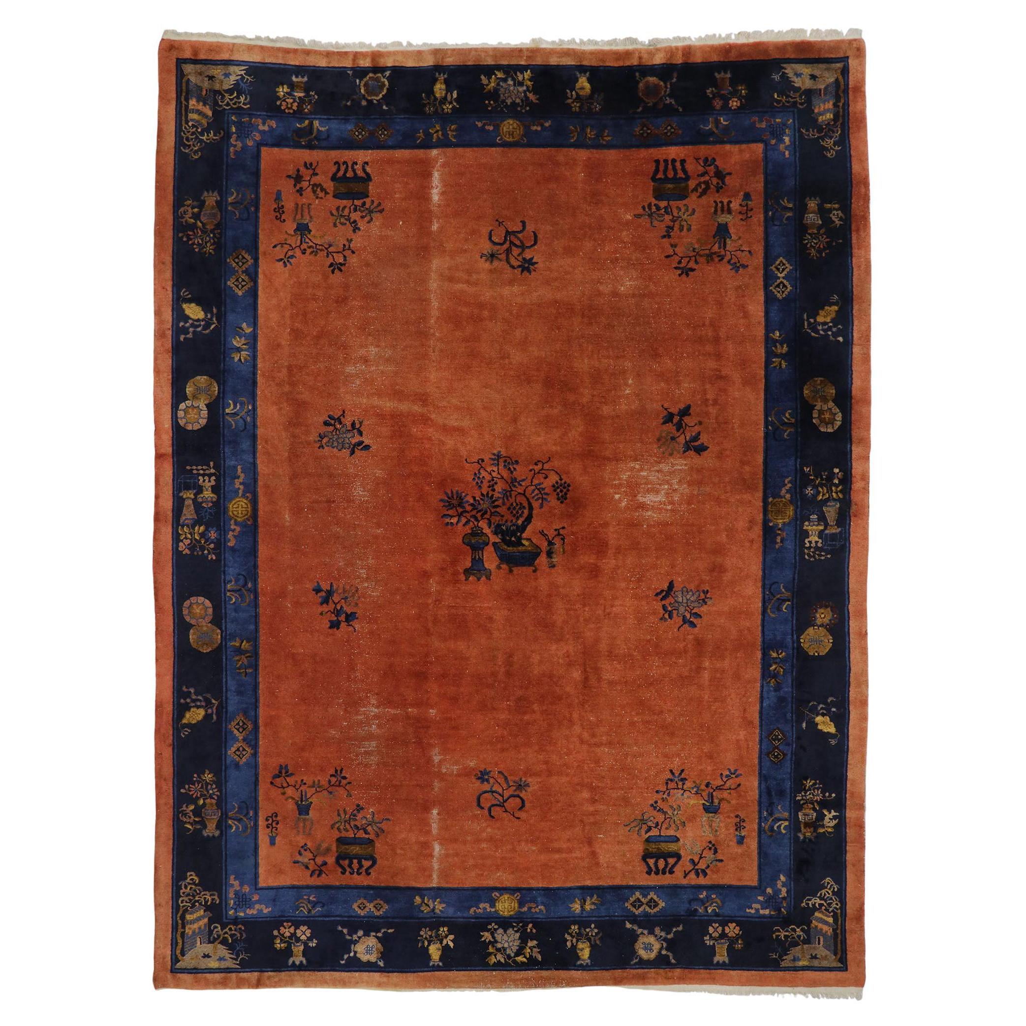 Distressed Antique Chinese Peking Rug with Art Deco Style For Sale