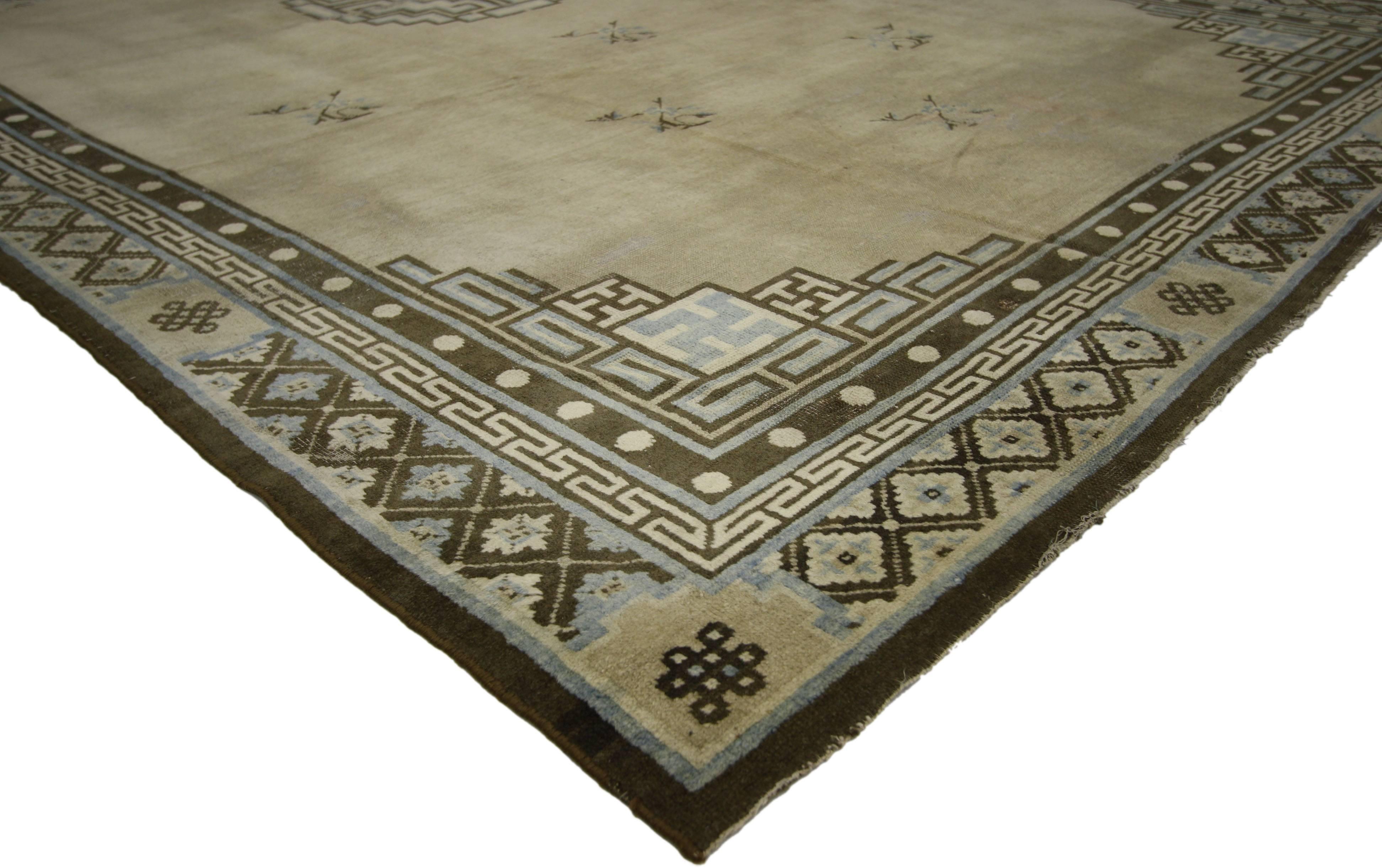 Chinese Chippendale Distressed Antique Chinese Peking Rug with Art Deco Style, Mid-19th Century Rug For Sale